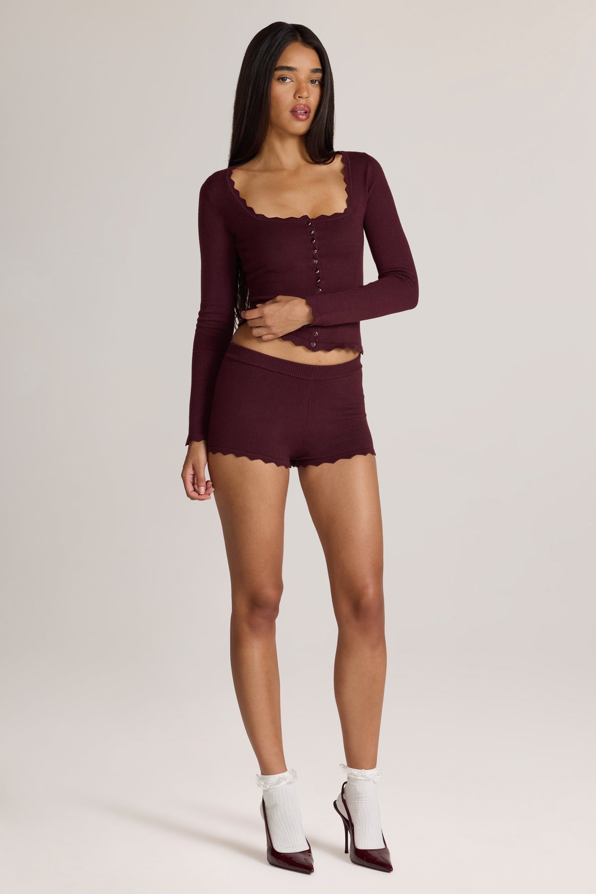 Knit Mid-Rise Mini Shorts in Cocoa Brown