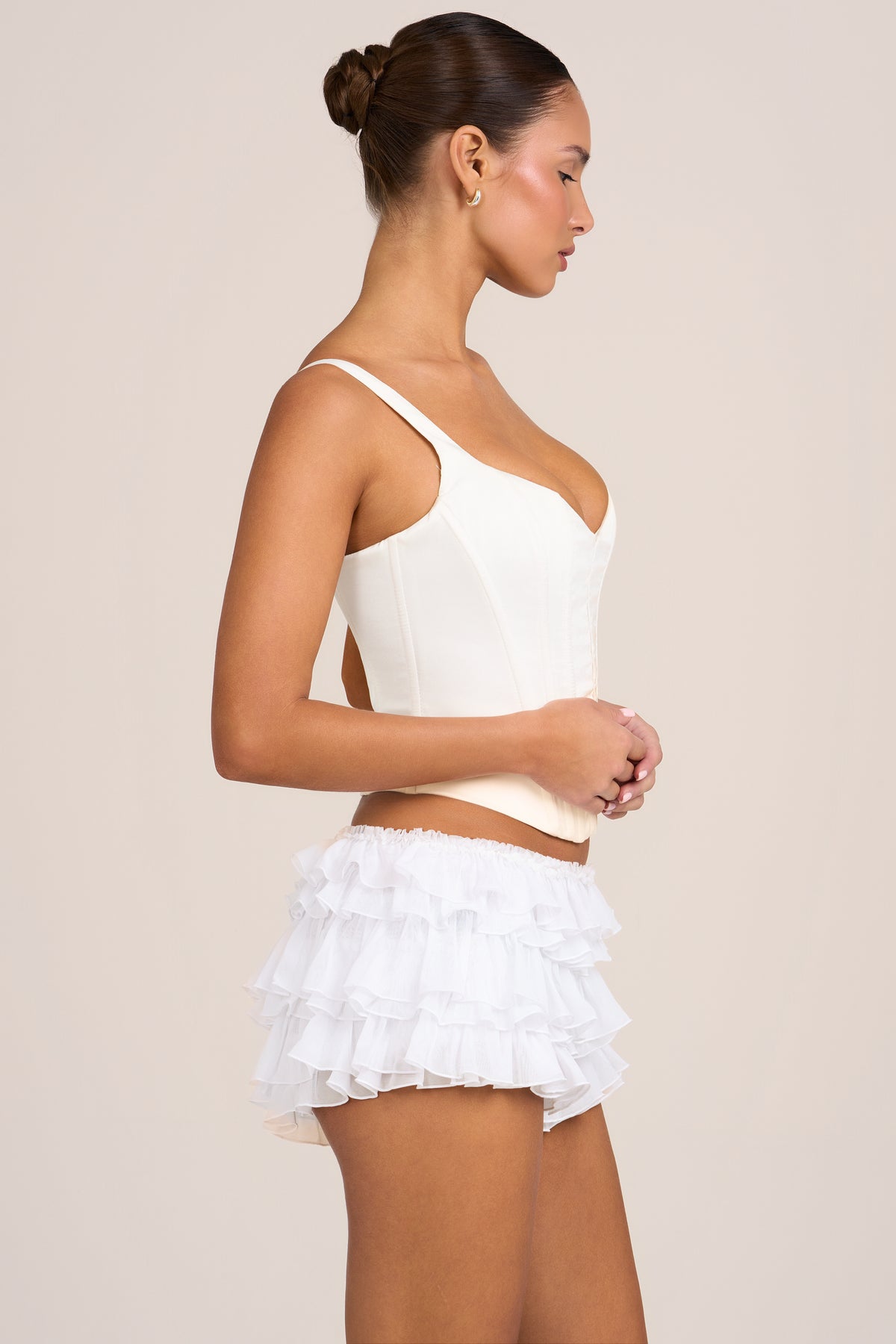 Mesh Low-Rise Ruffle Shorts in White