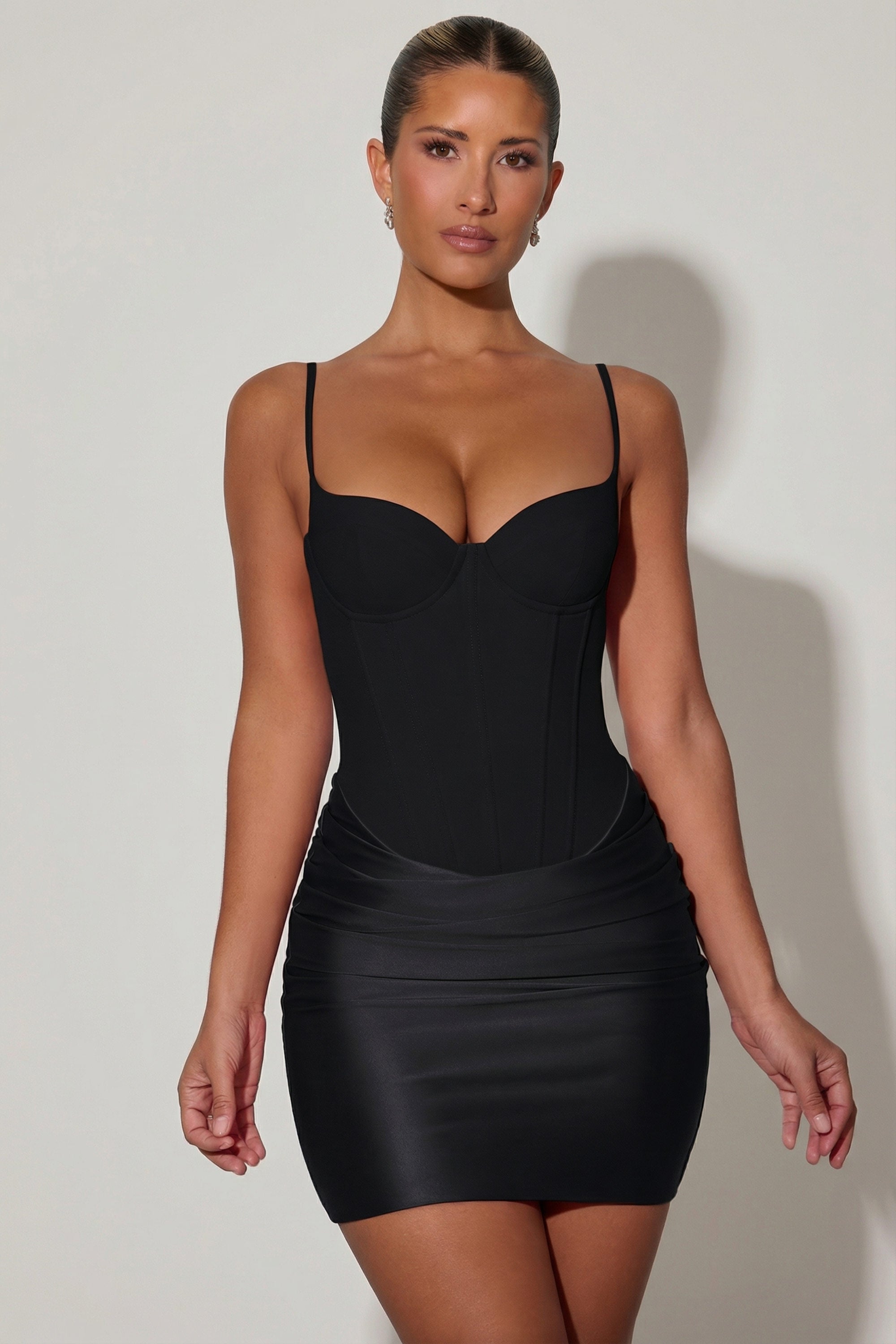 Draped Corset Mini Dress in Black - 1