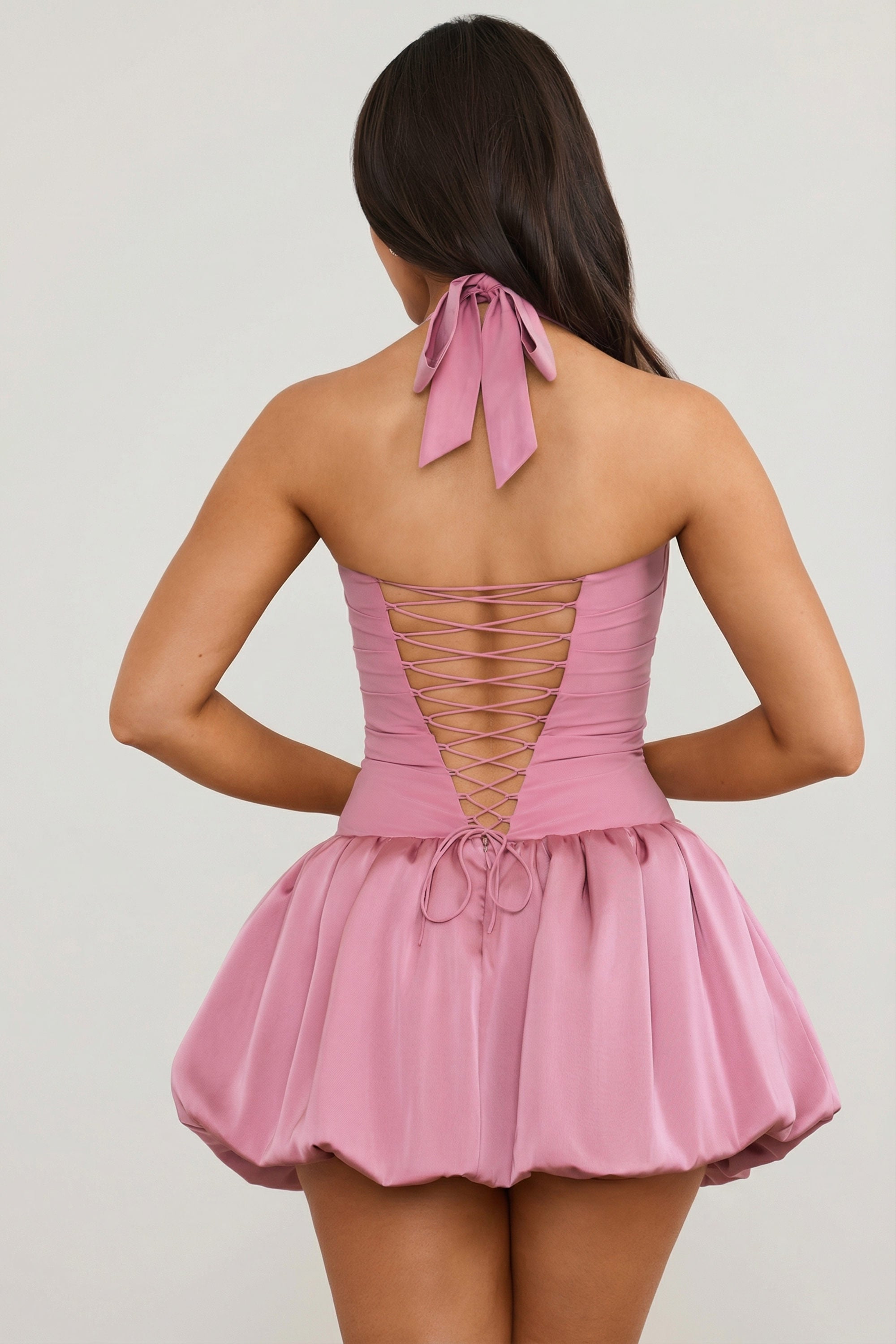 Halterneck Lace-Up Bubble Hem Corset Micro Mini Dress in Mauve - 2