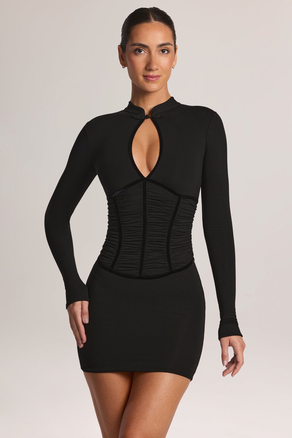 Modal Cut-Out Long-Sleeve Mini Dress in Black - 1