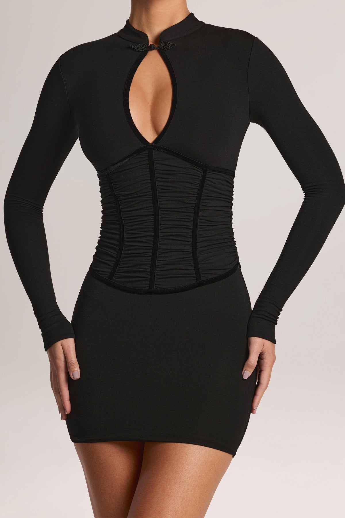 Modal Cut-Out Long-Sleeve Mini Dress in Black