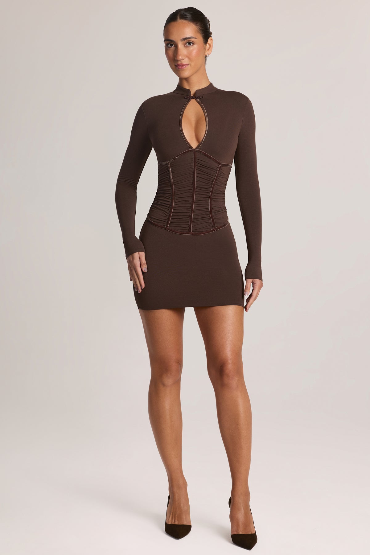 Modal Cut-Out Long-Sleeve Mini Dress in Chocolate Brown
