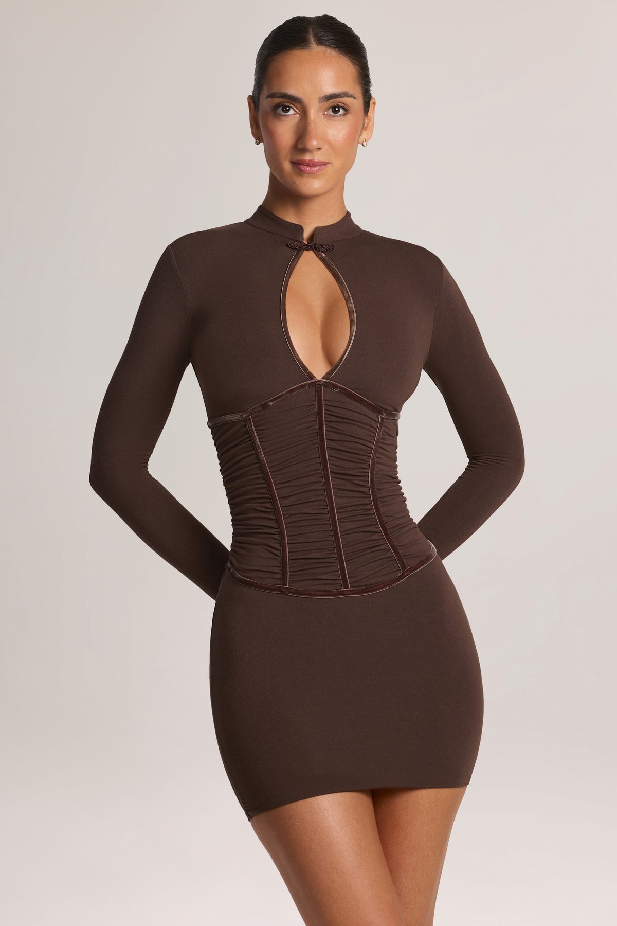 Modal Cut-Out Long-Sleeve Mini Dress in Chocolate Brown