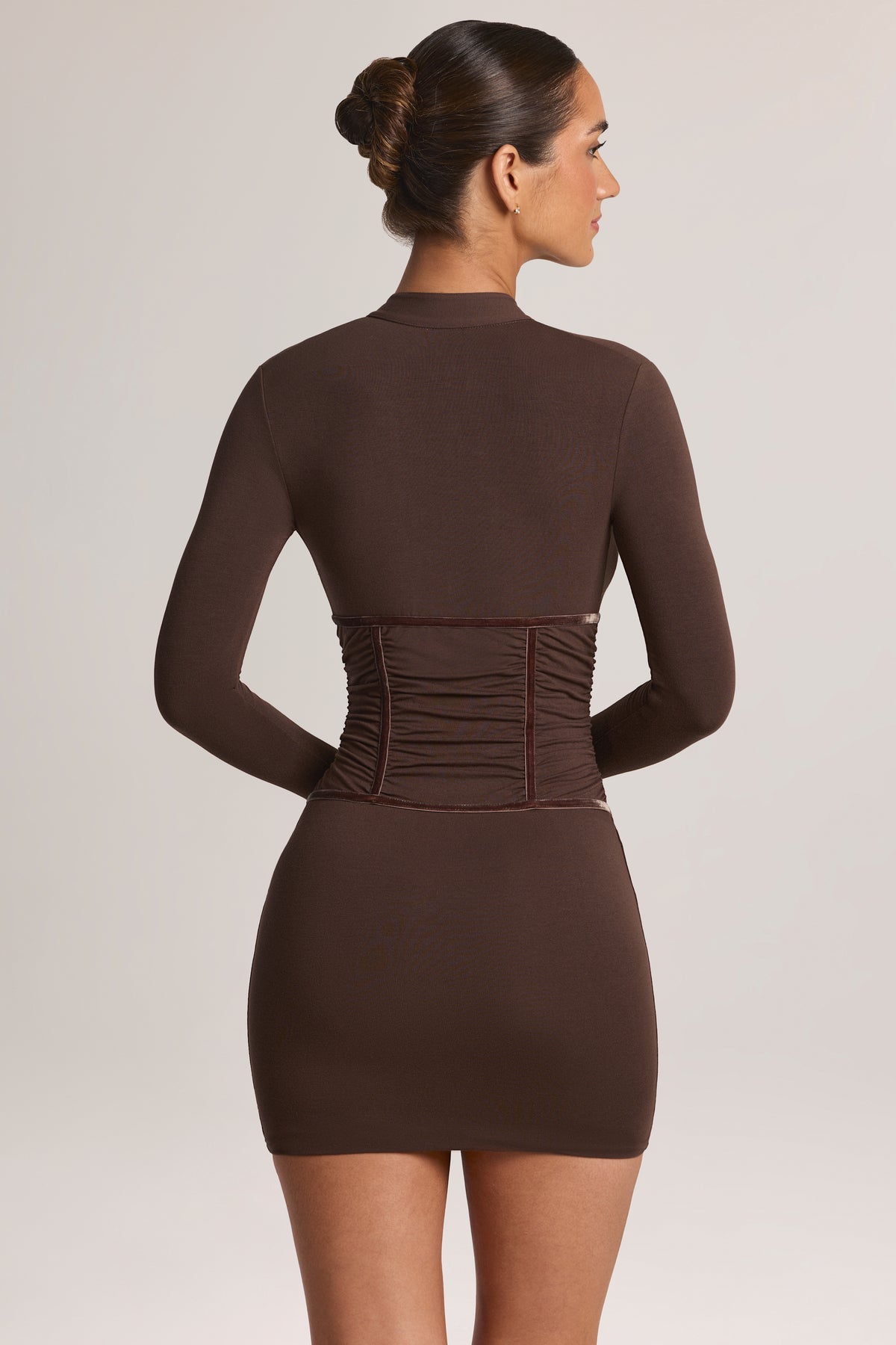 Modal Cut-Out Long-Sleeve Mini Dress in Chocolate Brown - 2
