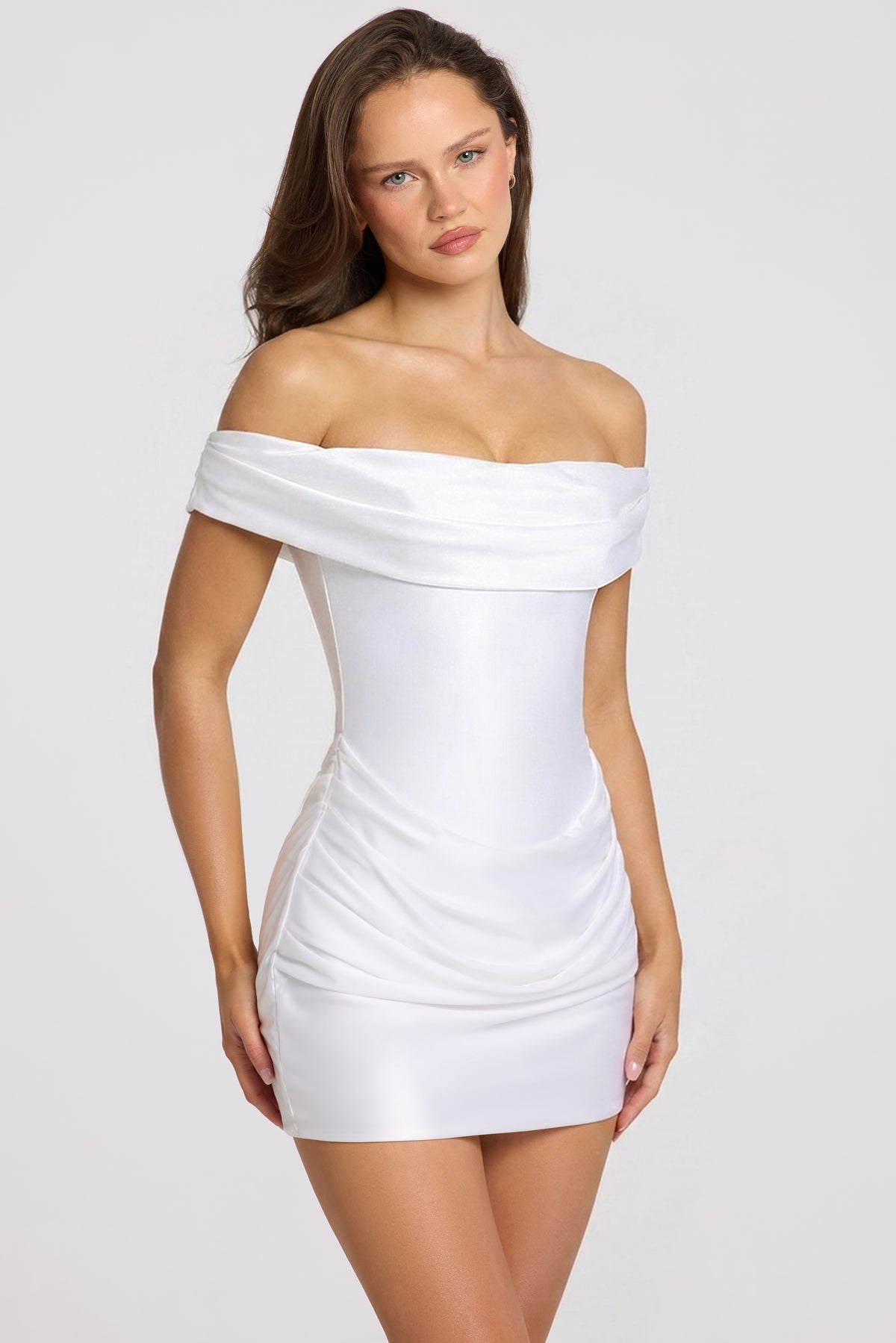 Satin Off-Shoulder Draped Mini Dress in Ivory