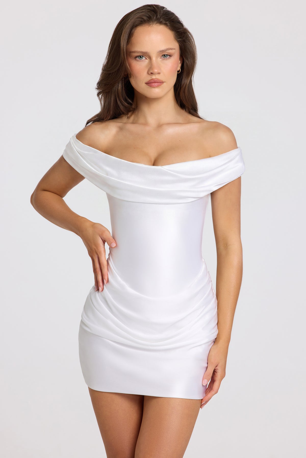 Satin Off-Shoulder Draped Mini Dress in Ivory