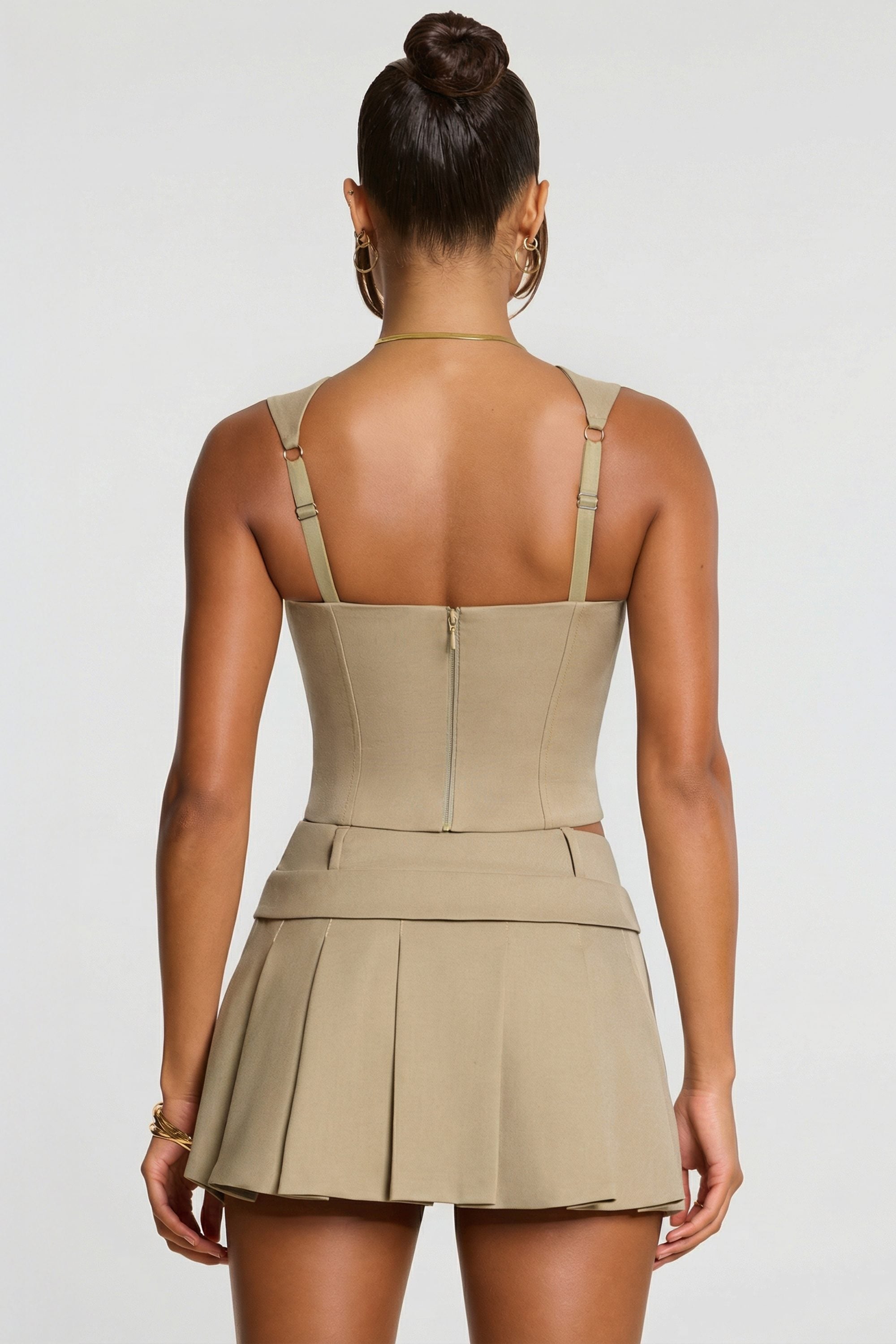 Brushed Twill Mid Rise Pleated Micro Mini Skirt in Taupe - 2