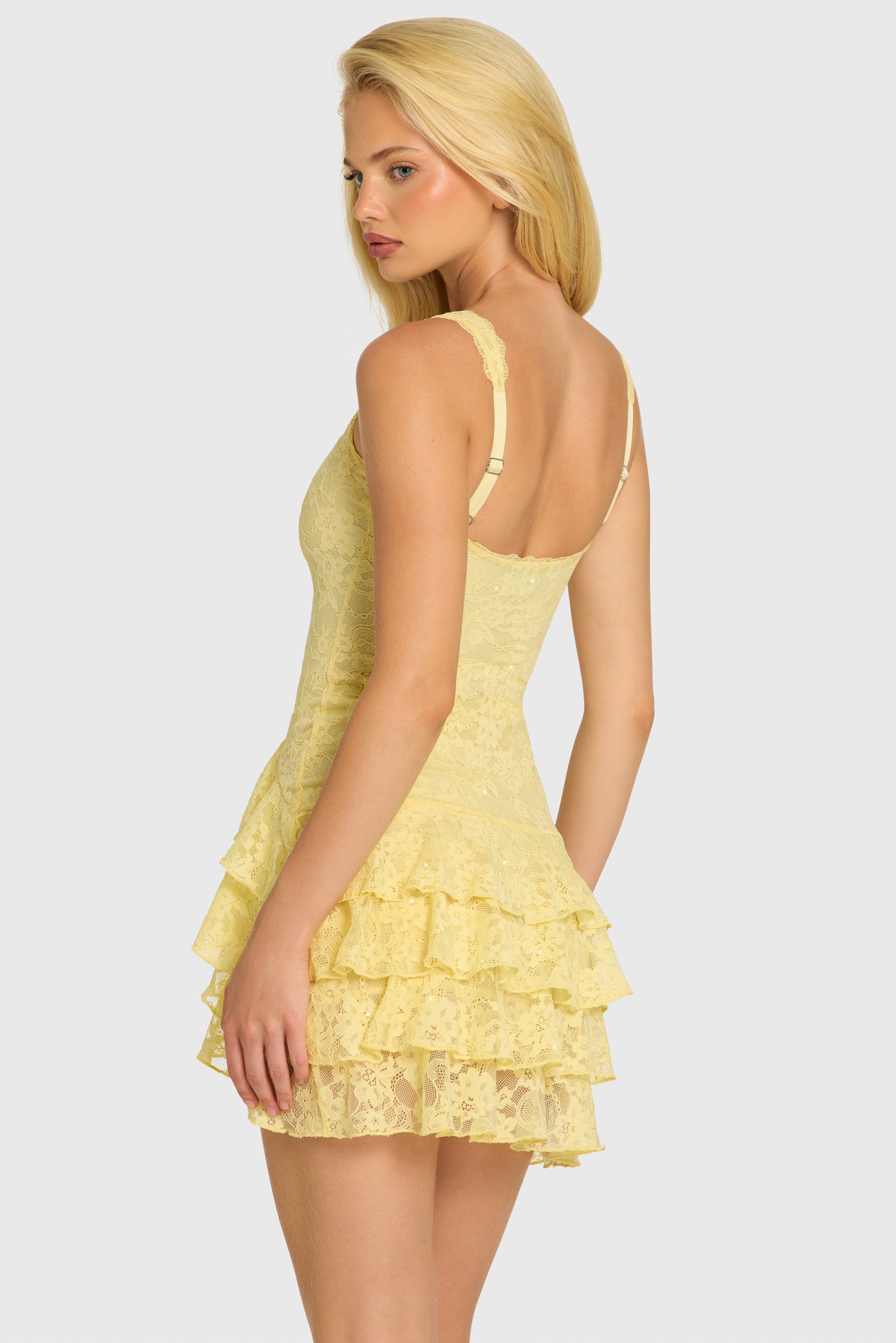 Sequin Lace Ruffle Mini Dress in Butter - 2