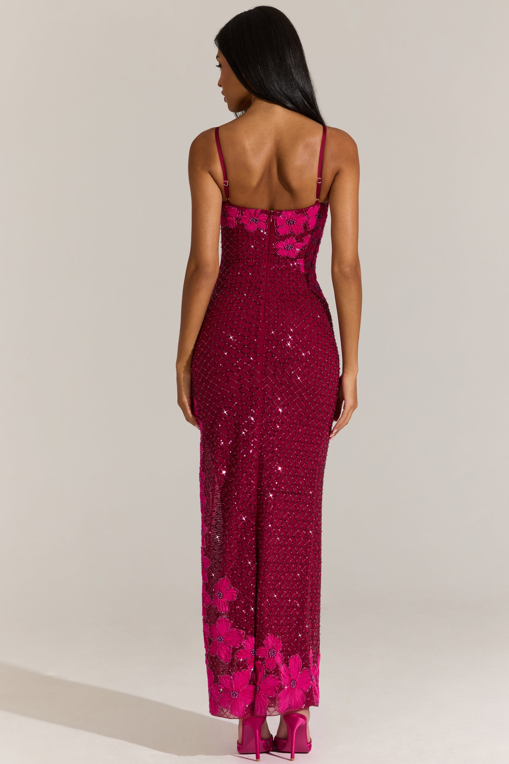 Embellished Square-Neck Maxi Dress in Cranberry