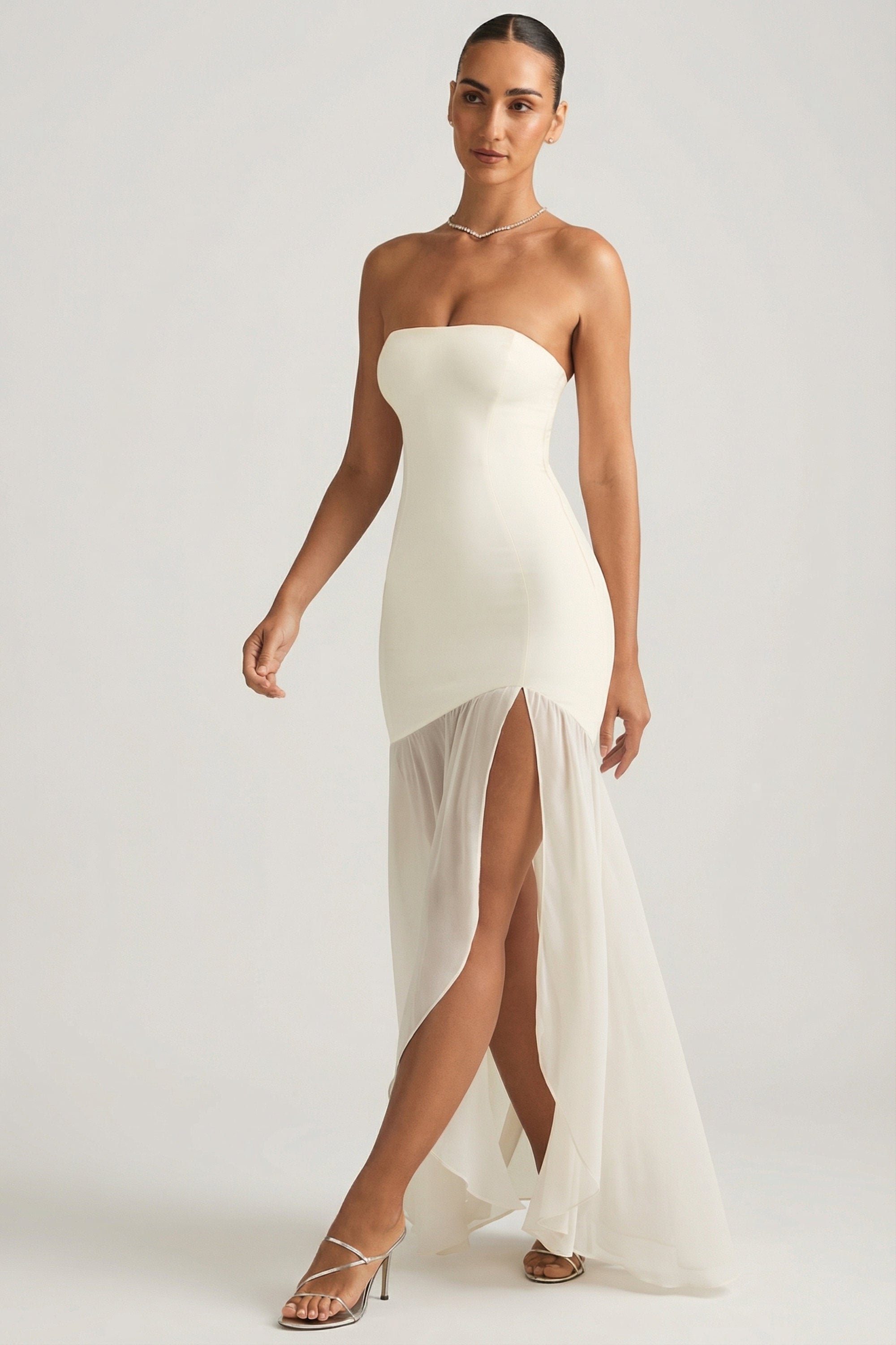 Asymmetric Strapless Fishtail Maxi Dress in Ivory - 1