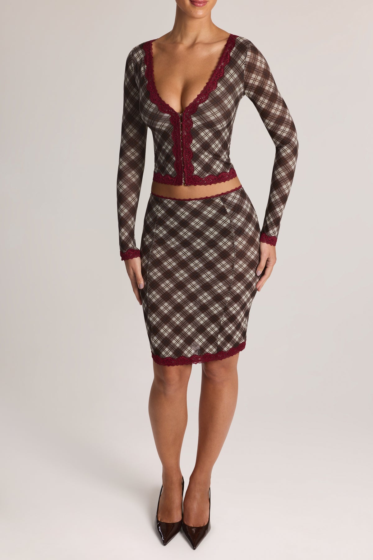 Lace-Trim Low-Rise Midi Skirt in Diagonal Check Print - 1