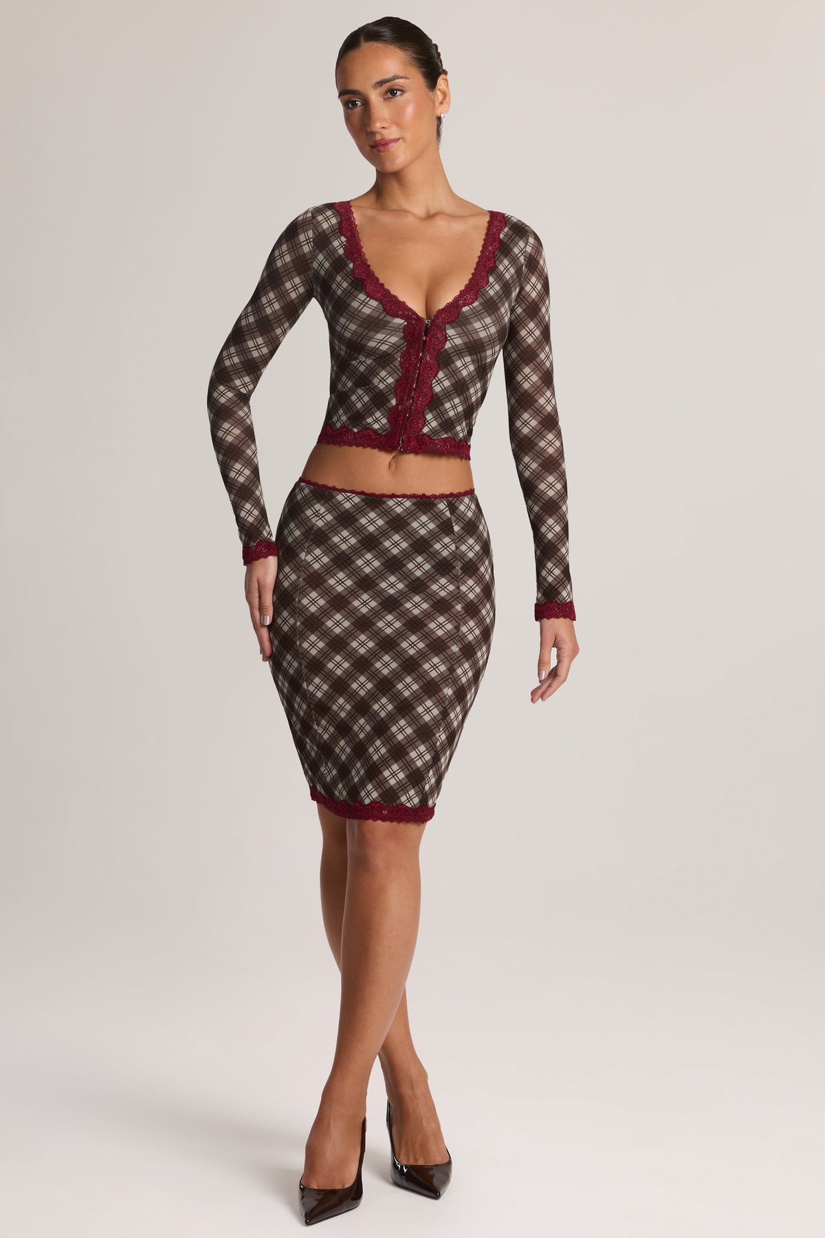 Lace-Trim Low-Rise Midi Skirt in Diagonal Check Print