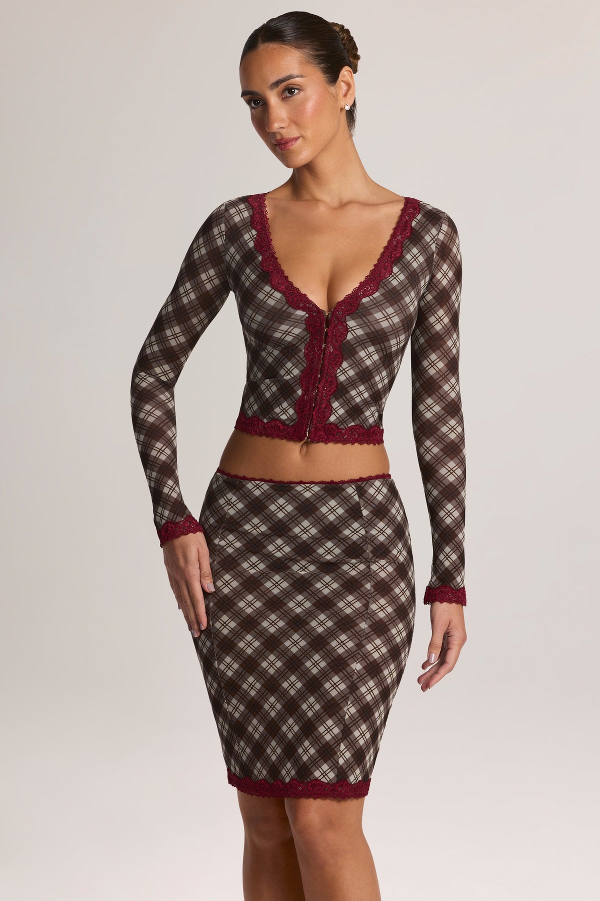Lace-Trim Low-Rise Midi Skirt in Diagonal Check Print