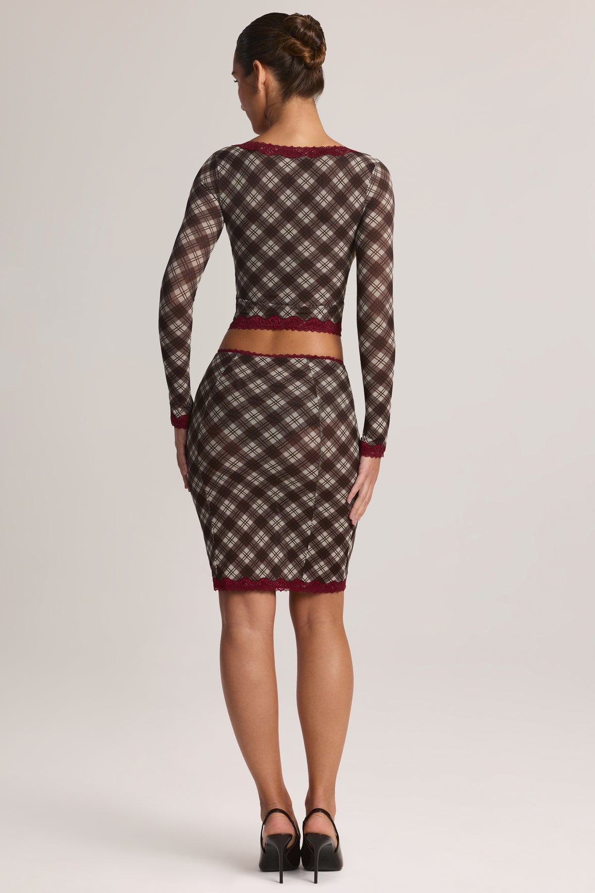 Lace-Trim Low-Rise Midi Skirt in Diagonal Check Print - 2