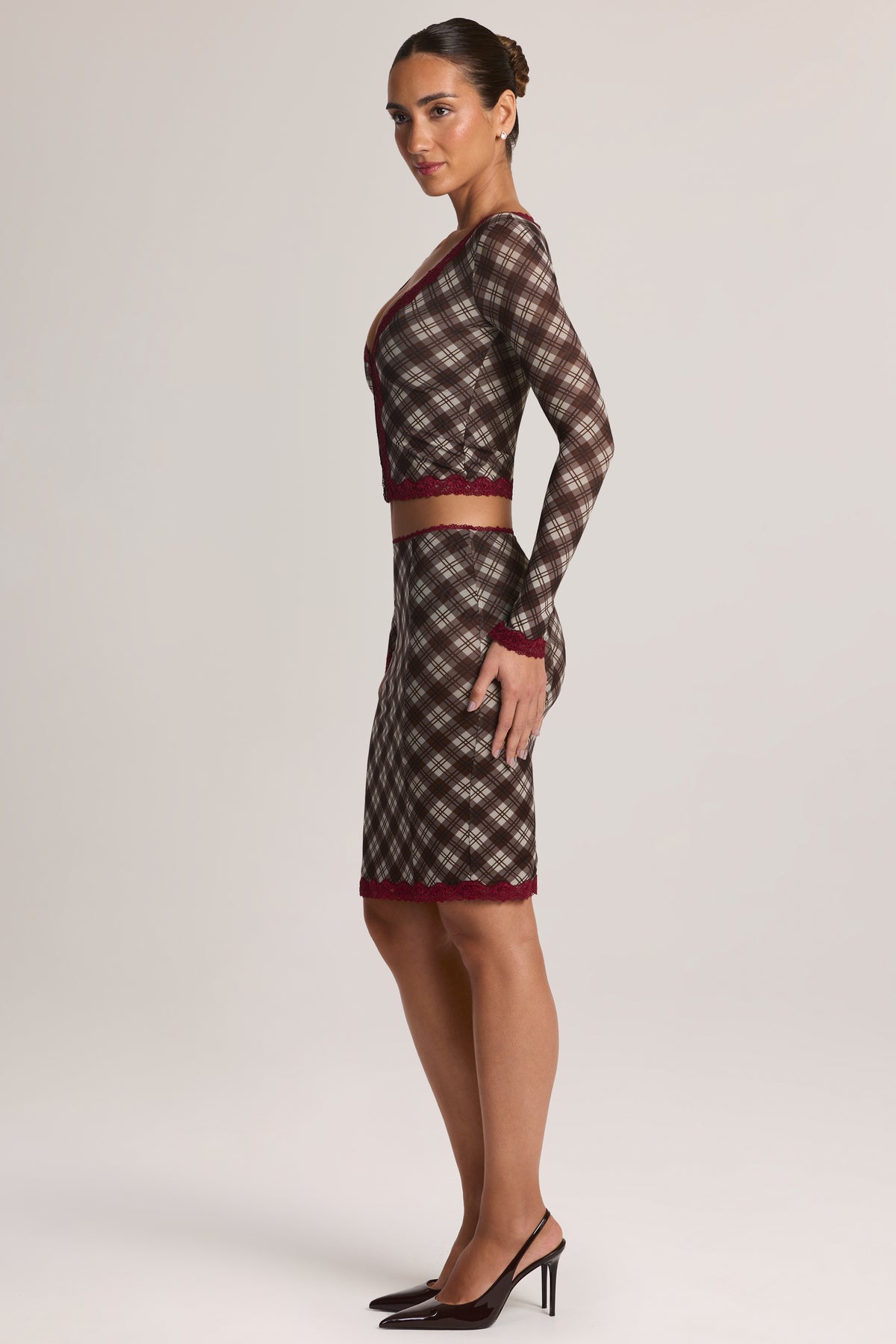 Lace-Trim Low-Rise Midi Skirt in Diagonal Check Print