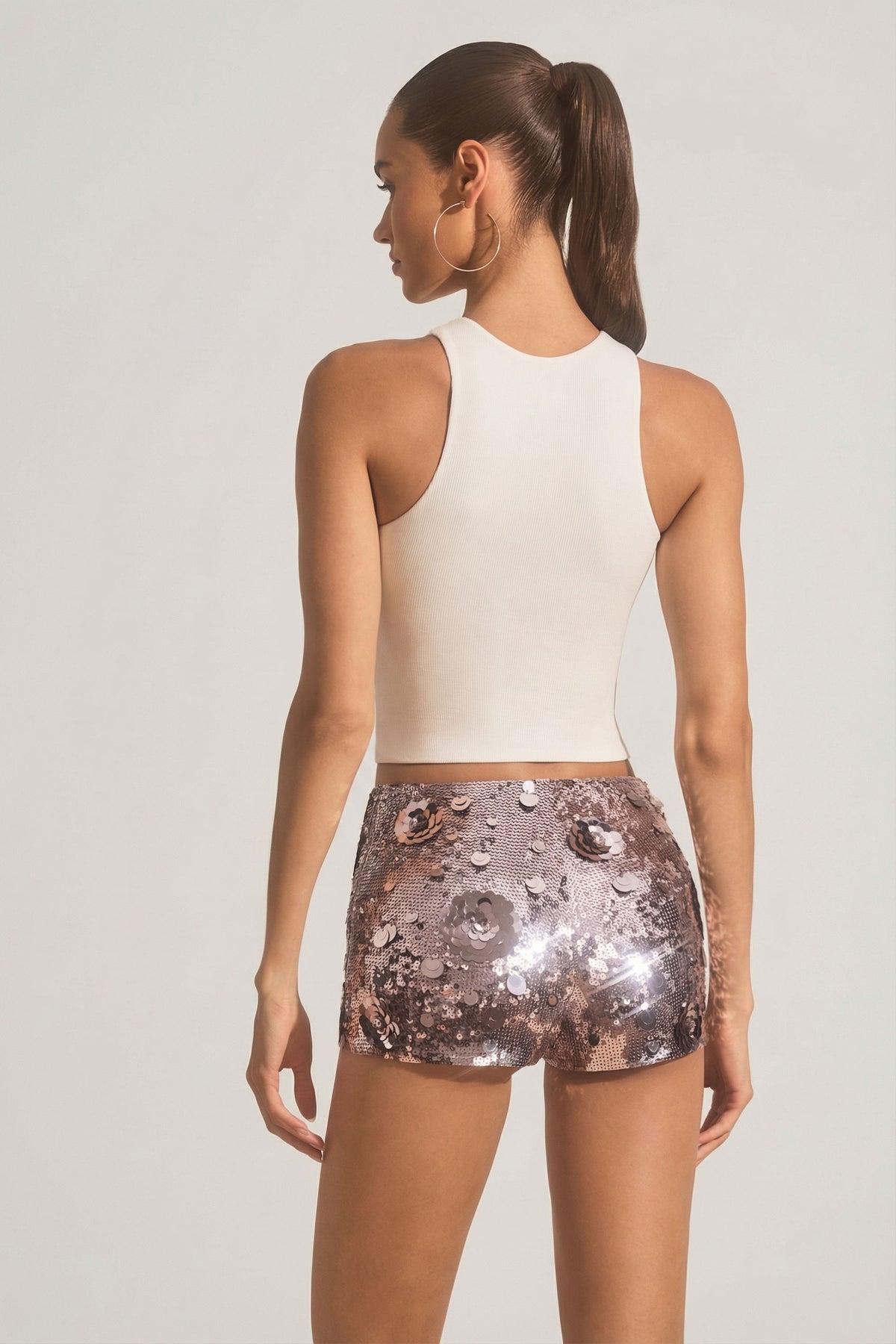 Sequin-Embellished Mini Shorts in Silver