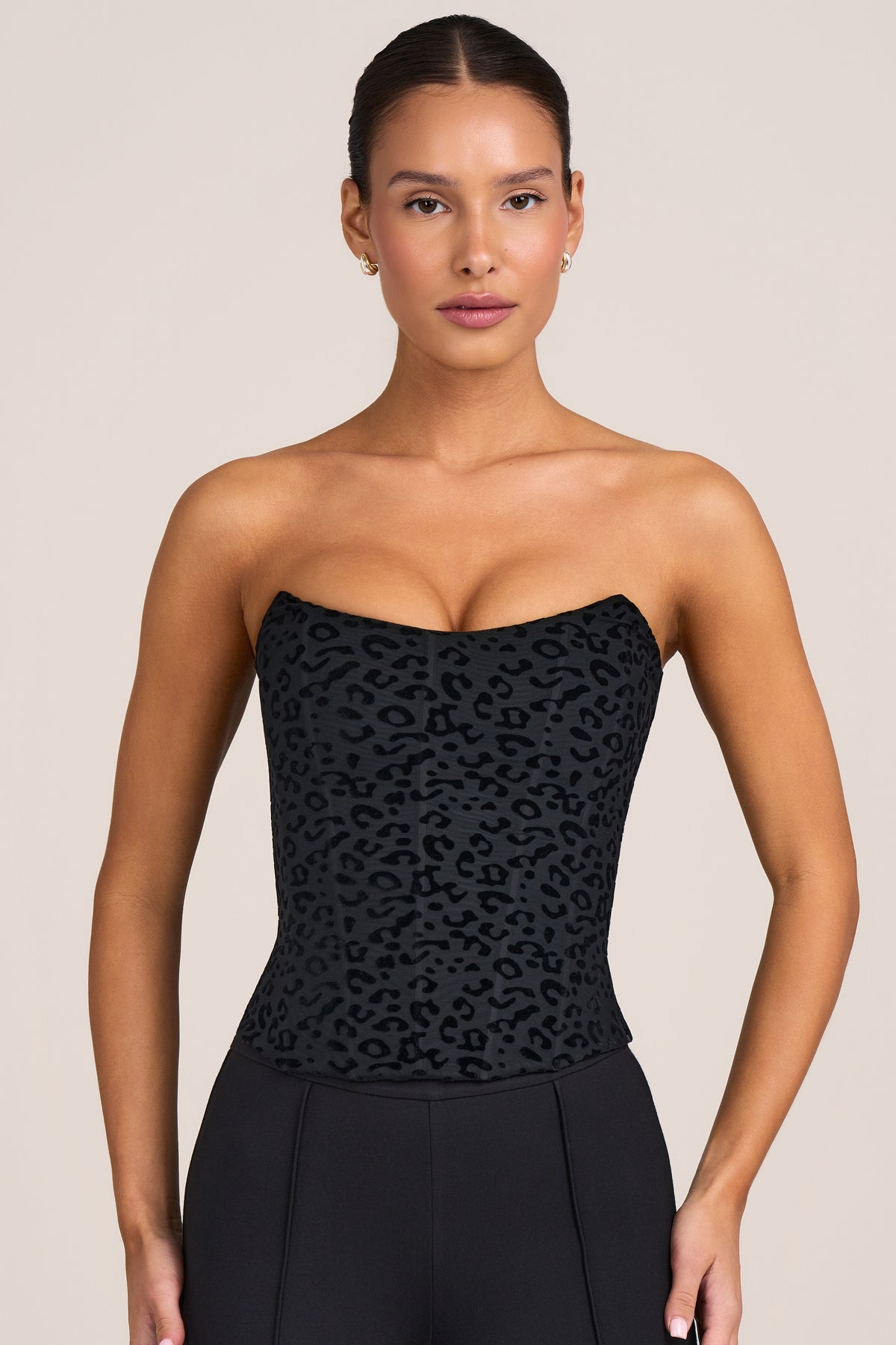 Flocked Leopard Mesh Corset Top in Black - 1