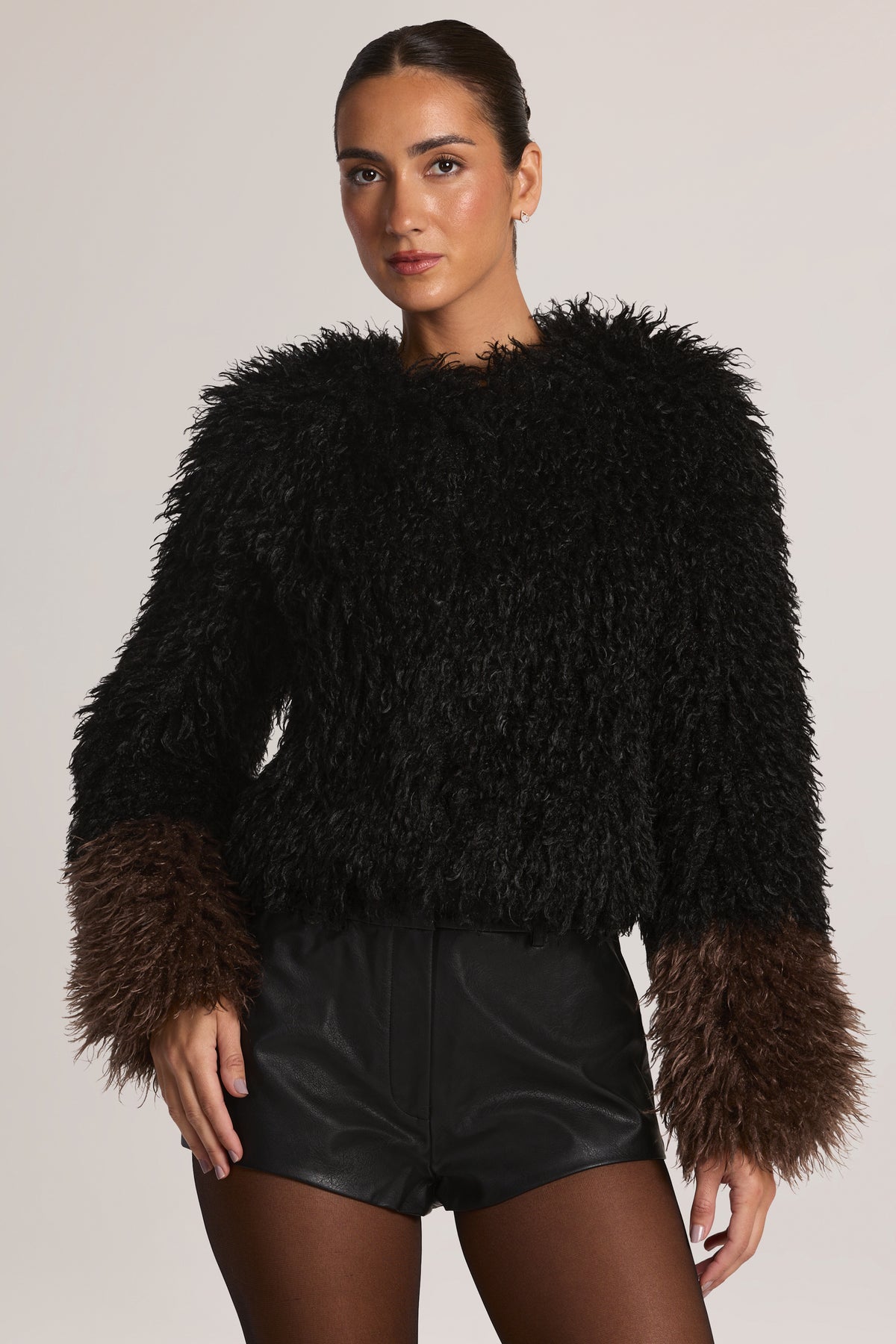 Mongolian Fur Jacket in Black - 1