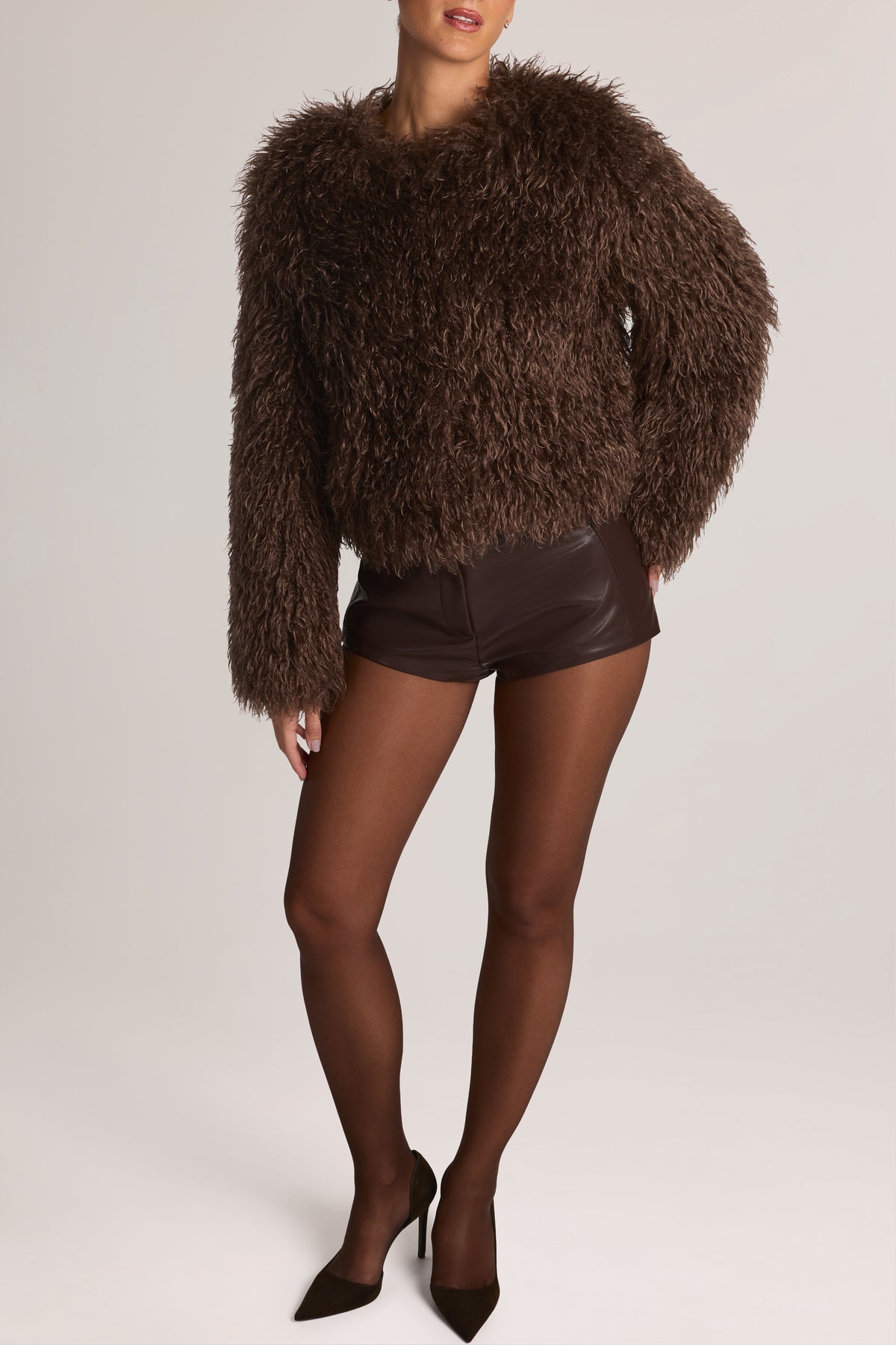 Mongolian Fur Jacket in Chocolate Brown - 1