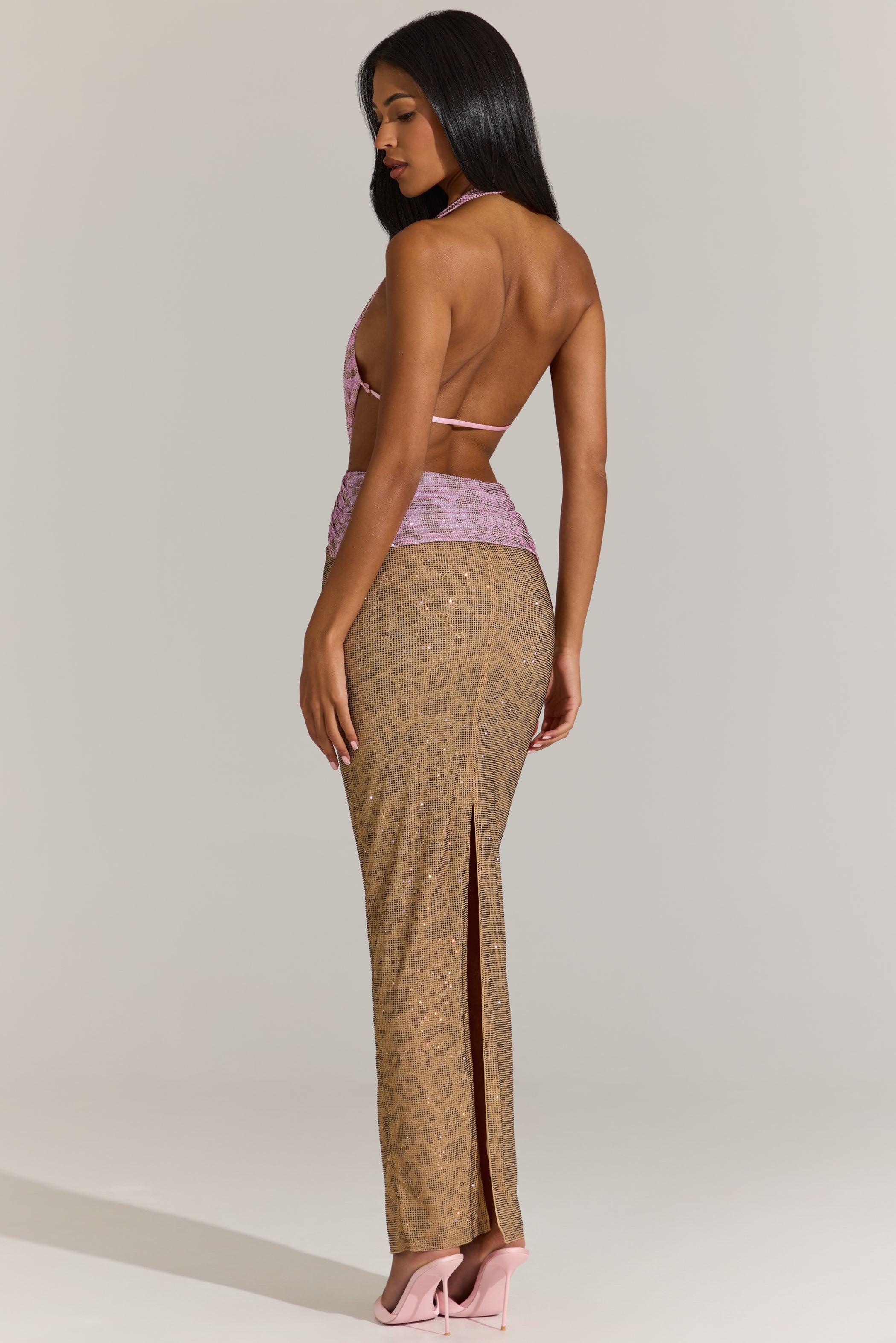 Embellished Cut-Out Maxi Dress in Pink Leopard