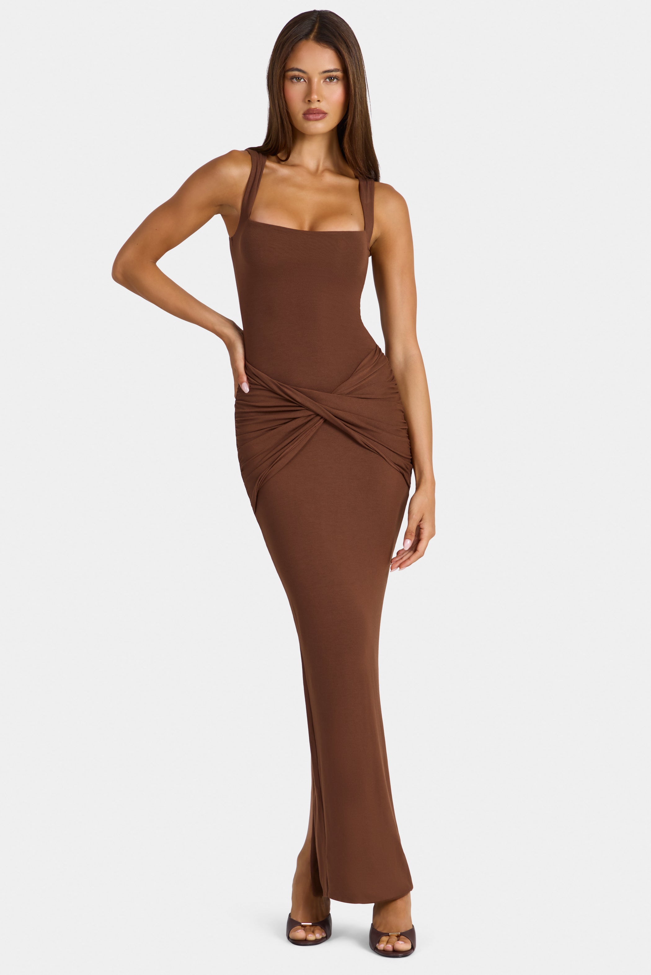 Modal Square-Neck Maxi Dress in Cocoa Brown - 1