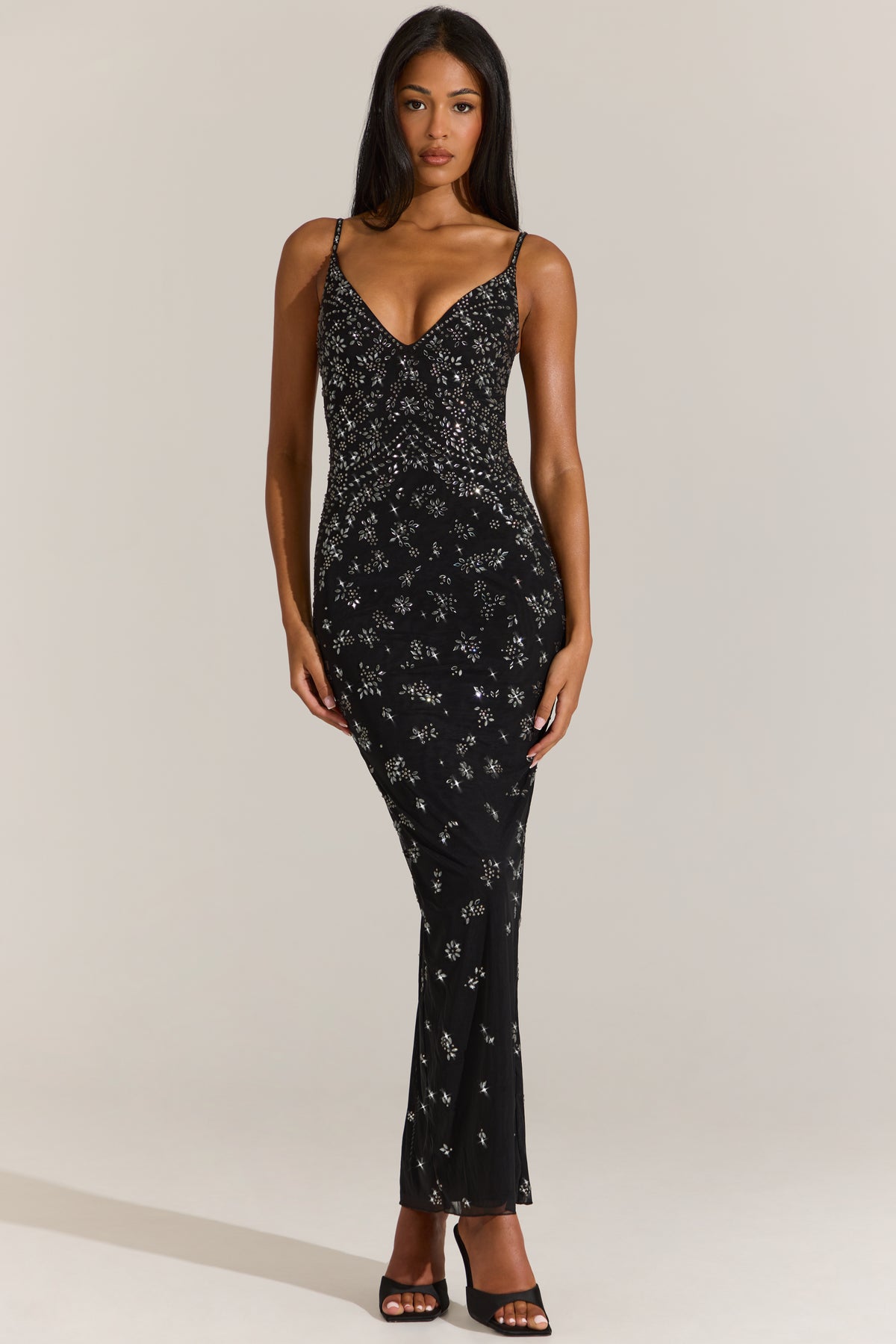 Embellished Plunge Neck Maxi Dress in Black