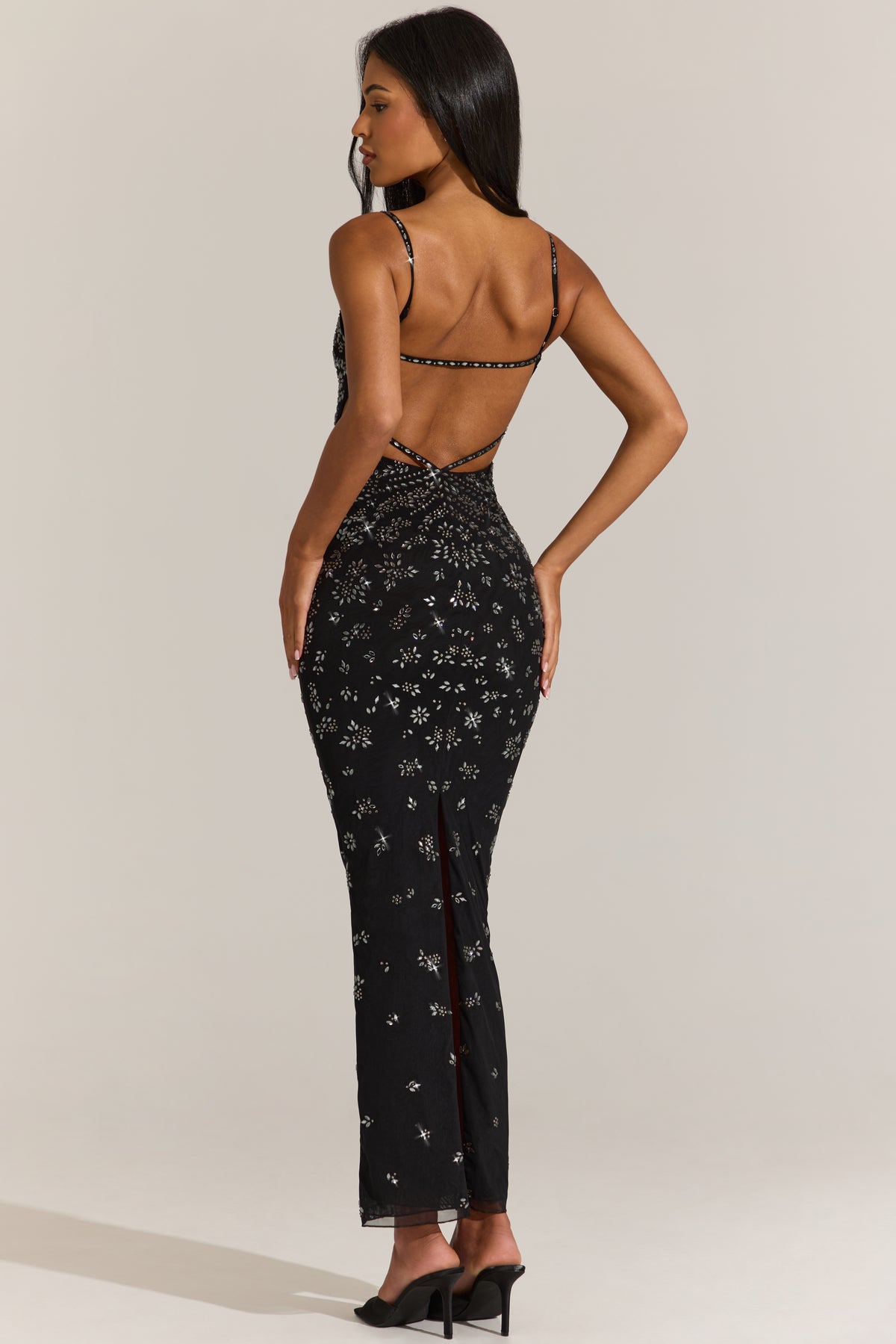 Embellished Plunge Neck Maxi Dress in Black