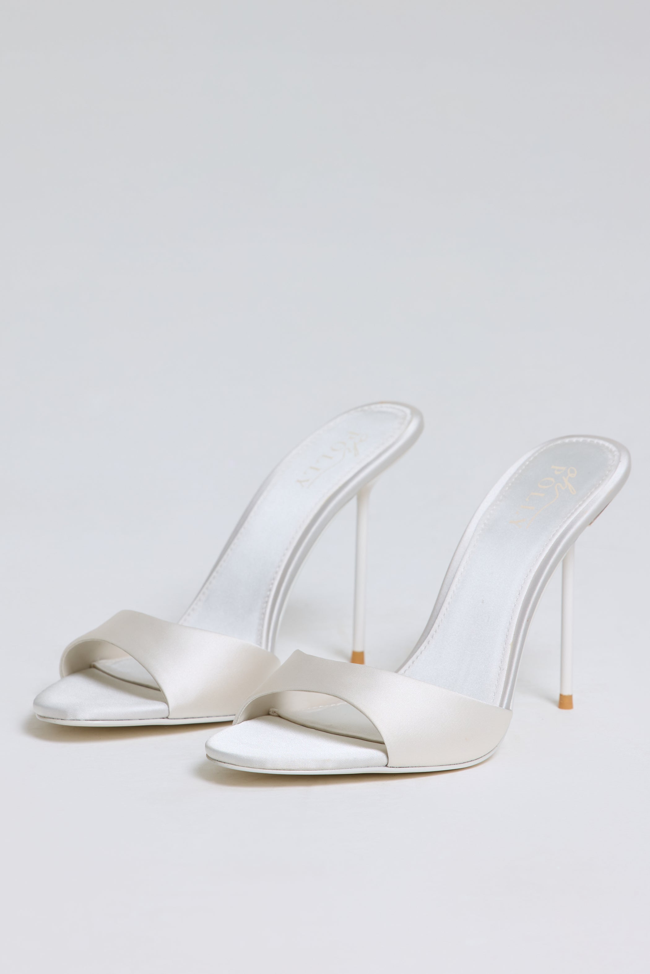 Satin Heeled Mule Sandal in Pearl White