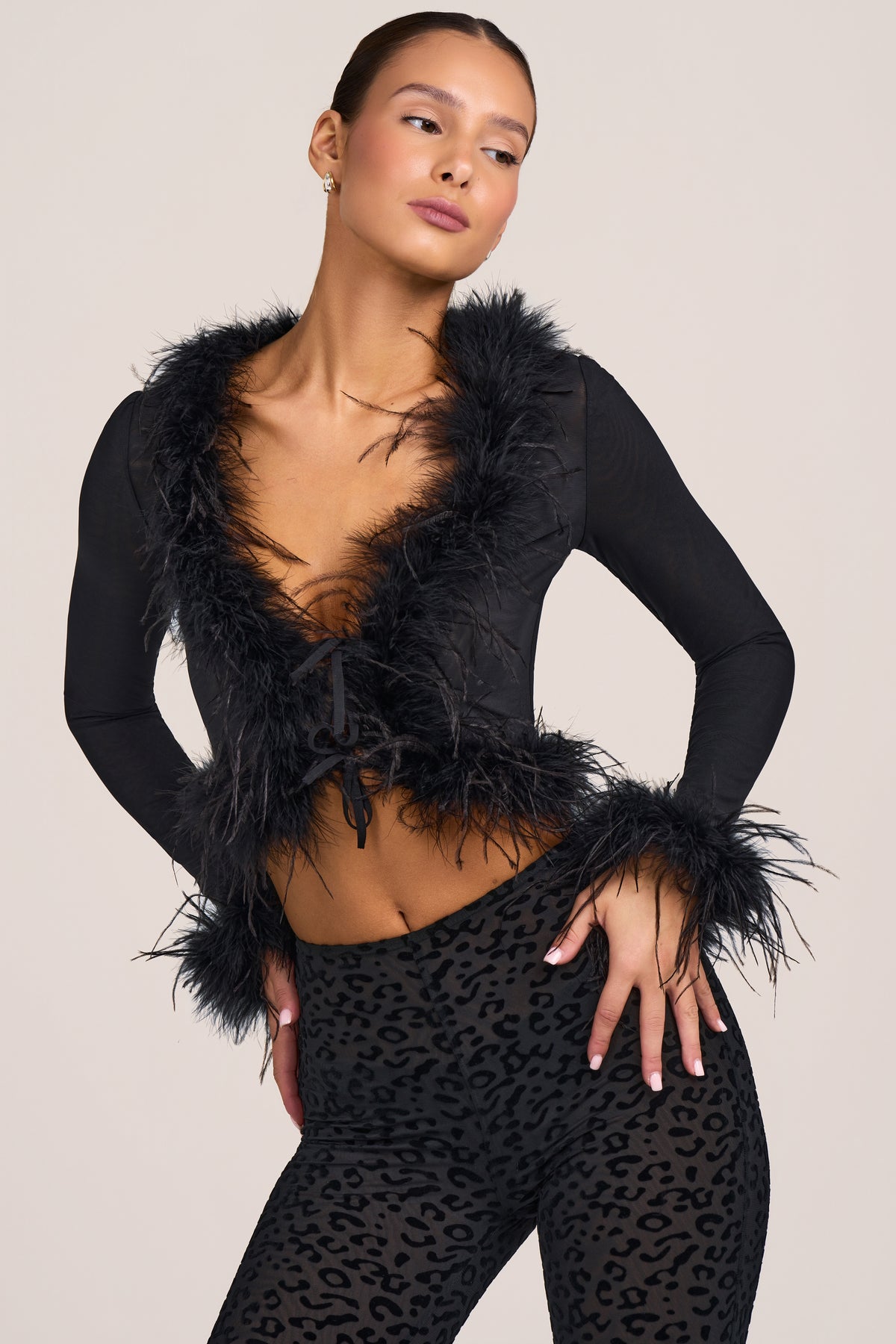 Feather-Trim Semi-Sheer Cardigan in Black