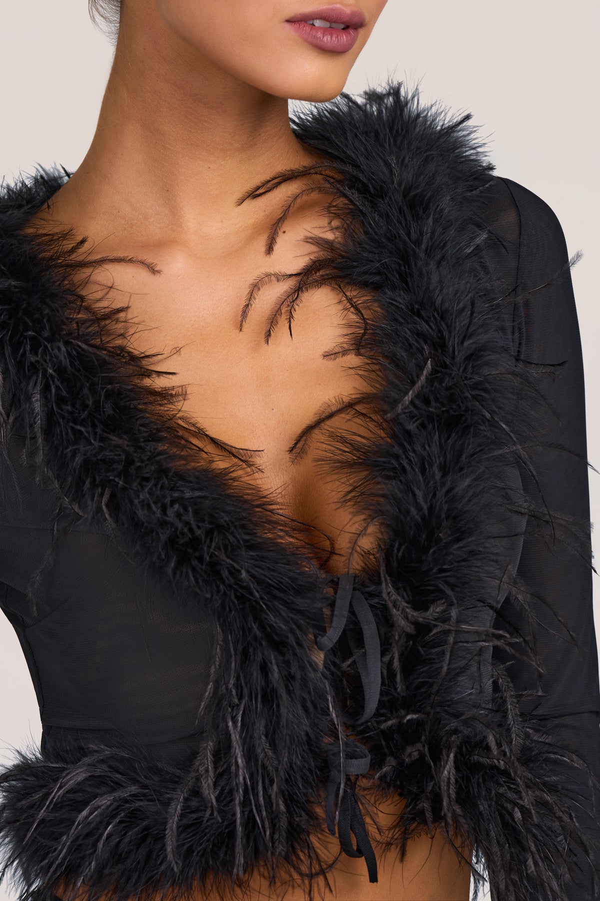 Feather-Trim Semi-Sheer Cardigan in Black