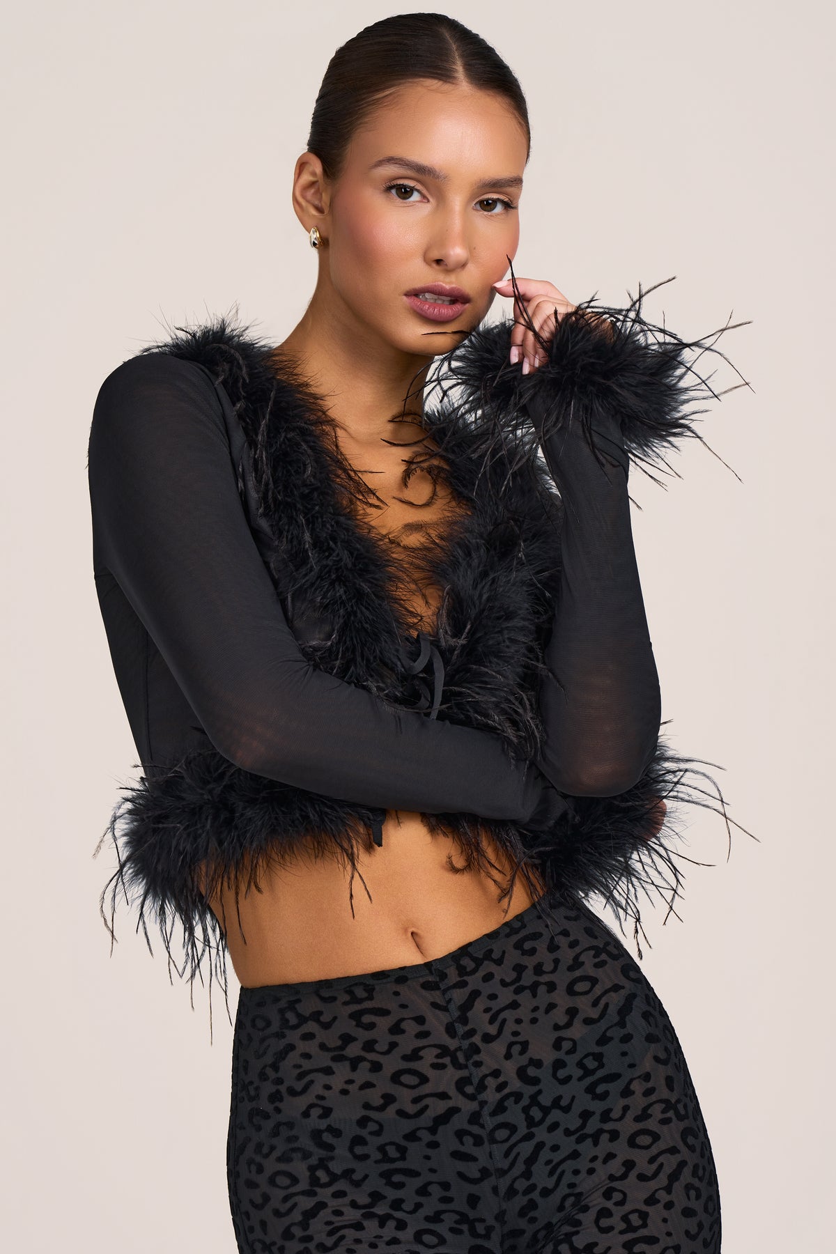 Feather-Trim Semi-Sheer Cardigan in Black