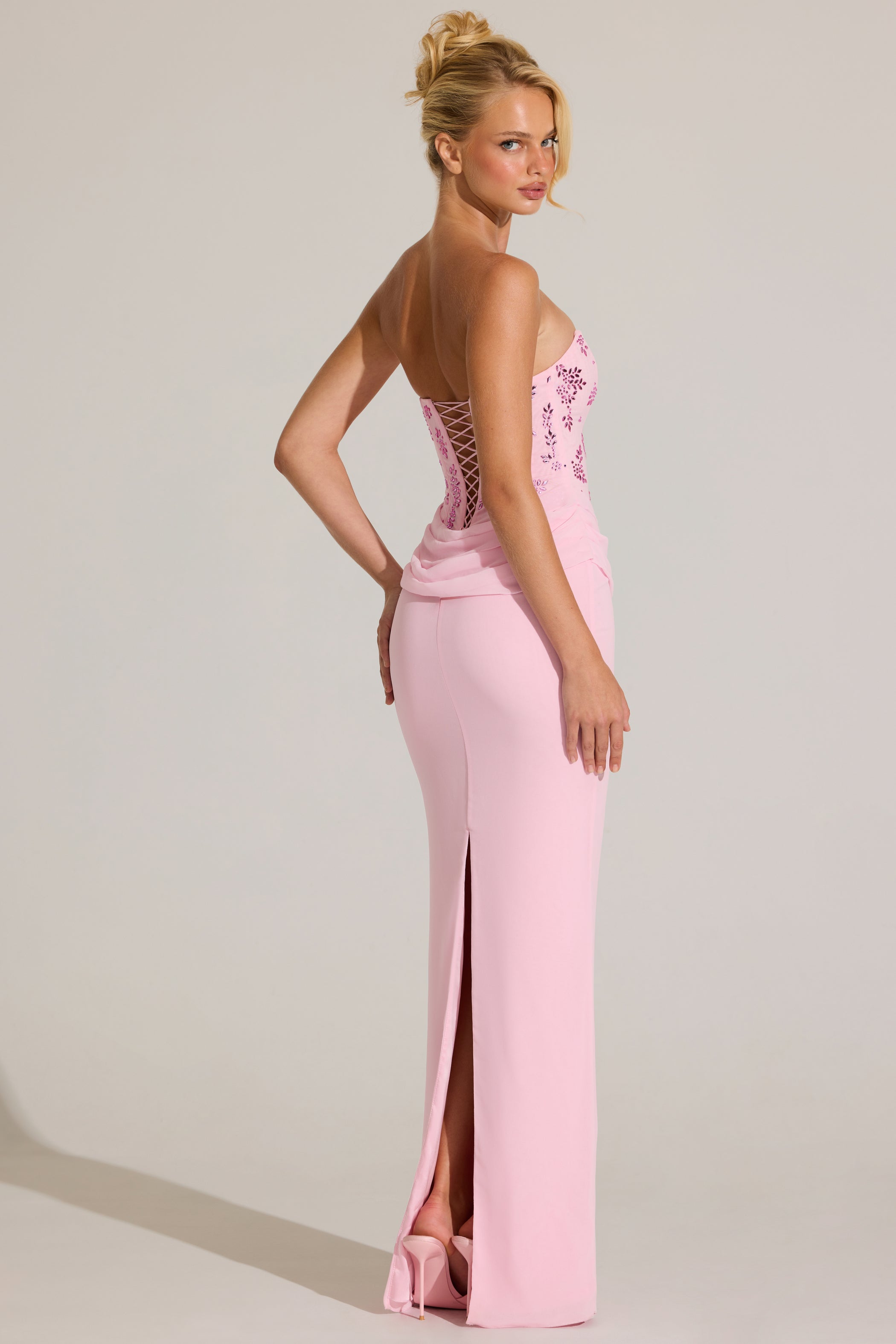 Embellished Corset Maxi Dress in Blossom Pink