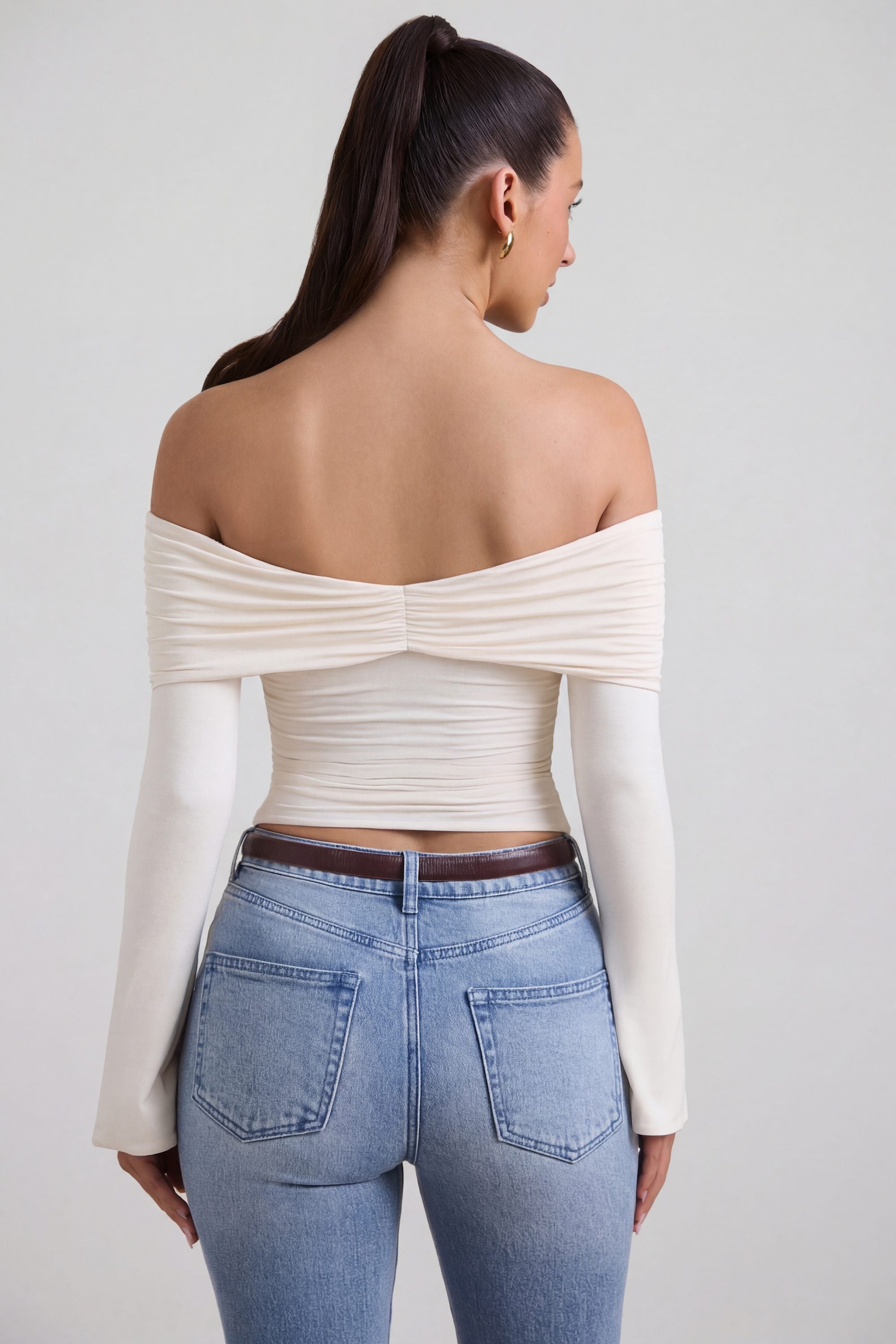 Modal-Cashmere Blend Off-Shoulder Ruched Top in Ivory - 2