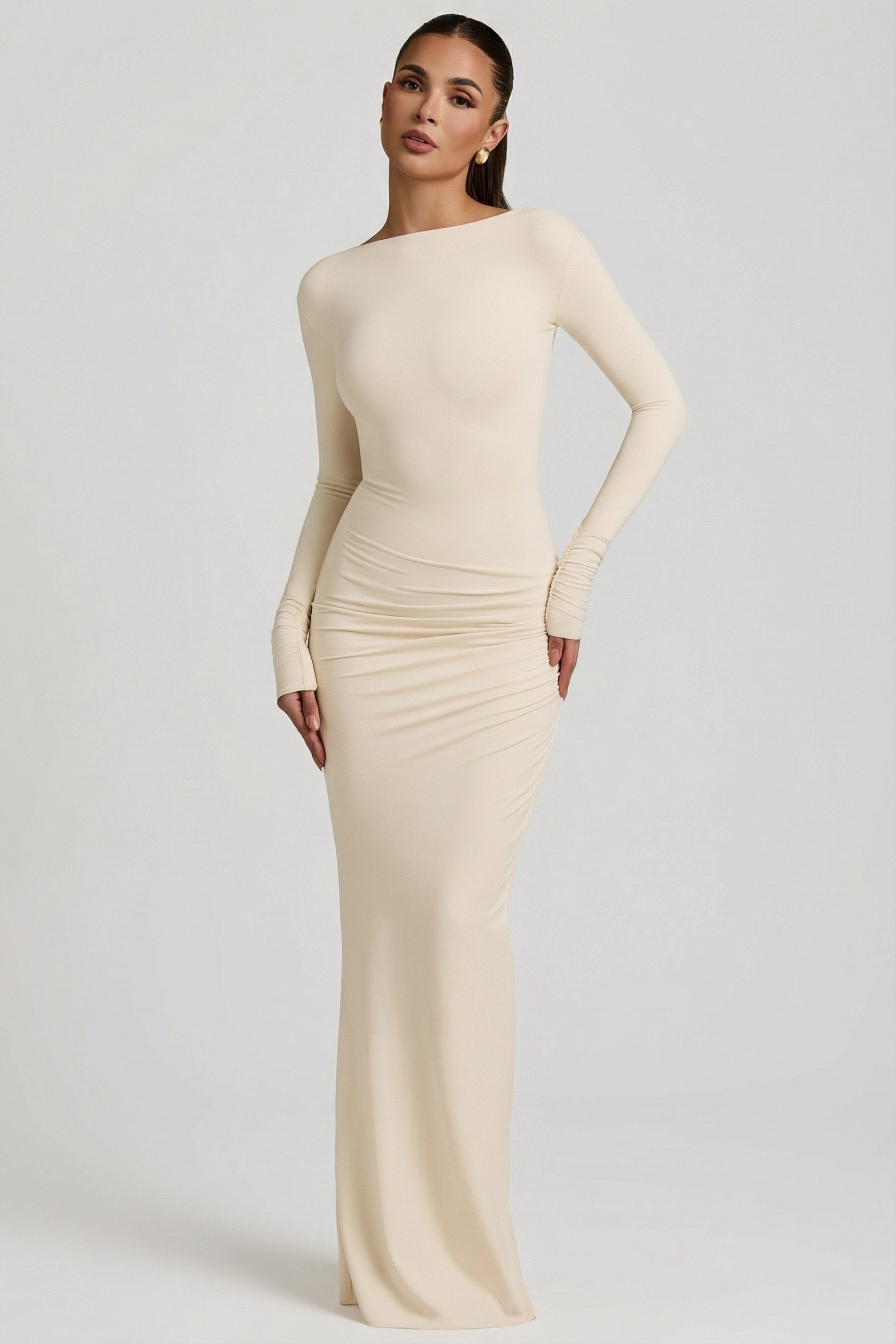 Modal Ruched Backless Maxi Dress in Ivory - 1