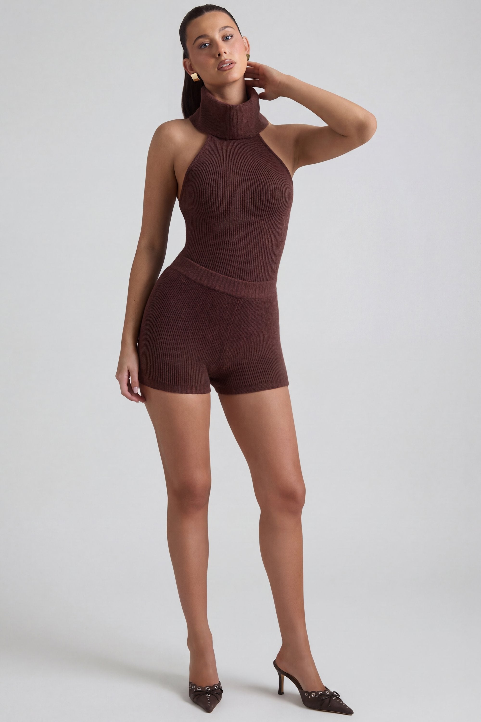 Ribbed-Knit Turtleneck Backless Top in Espresso - 1