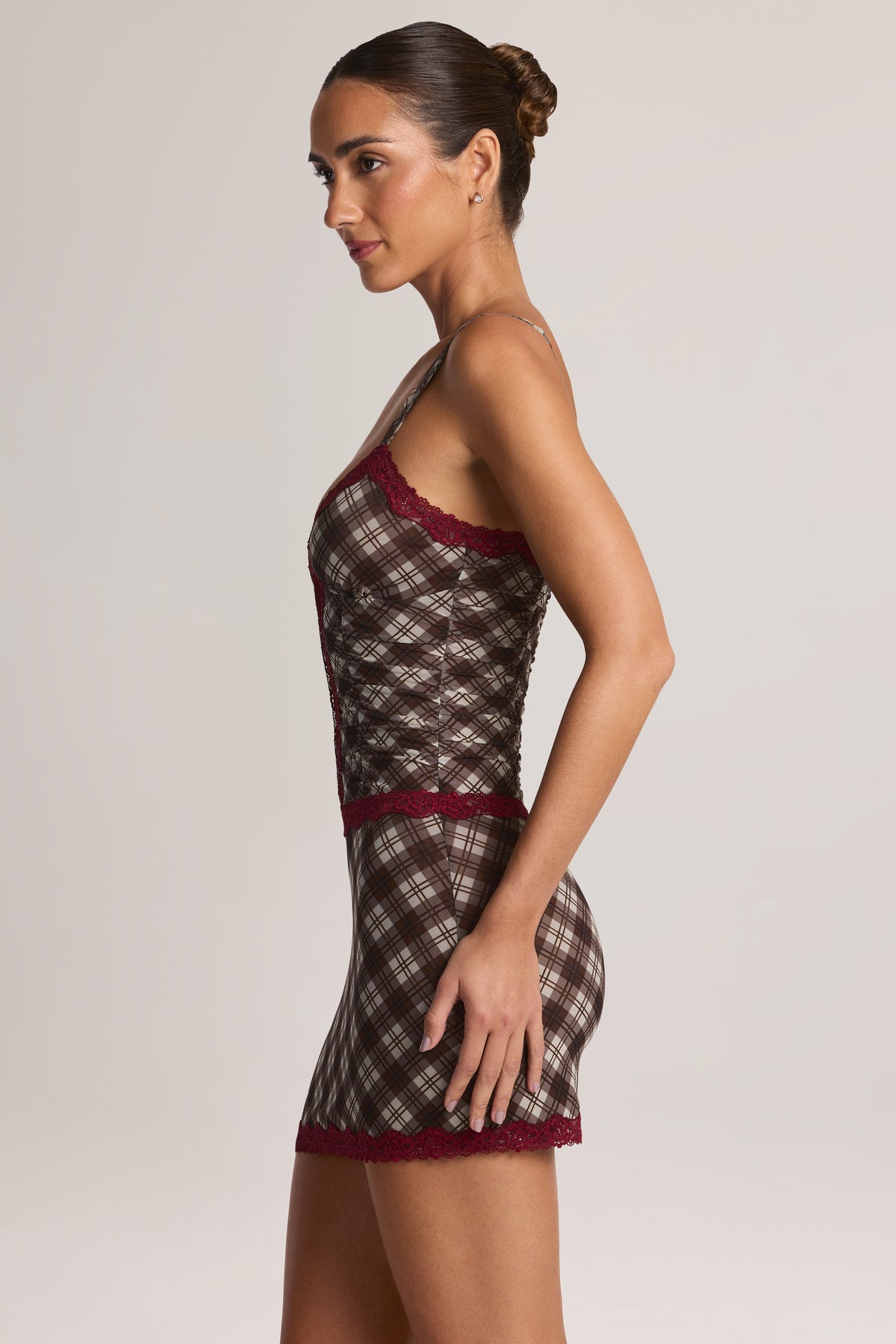 Lace-Trim Mini Dress in Diagonal Check Print