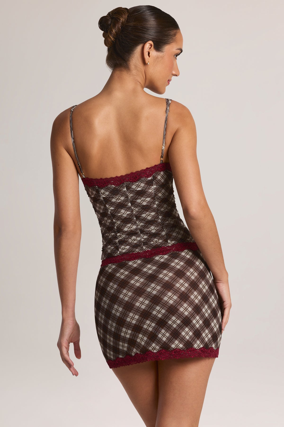 Lace-Trim Mini Dress in Diagonal Check Print - 2