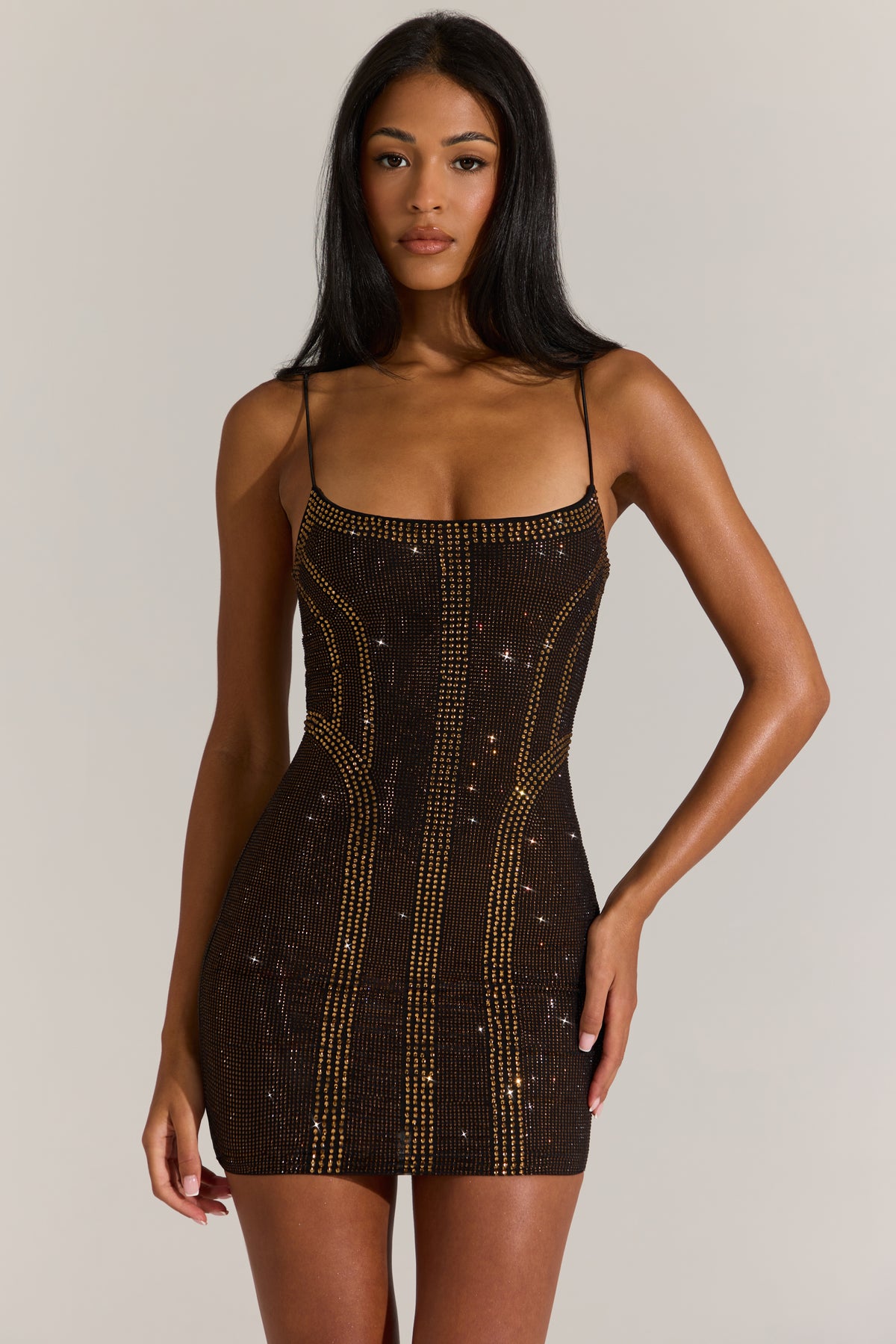 Embellished Scoop-Neck Mini Dress in Bronze