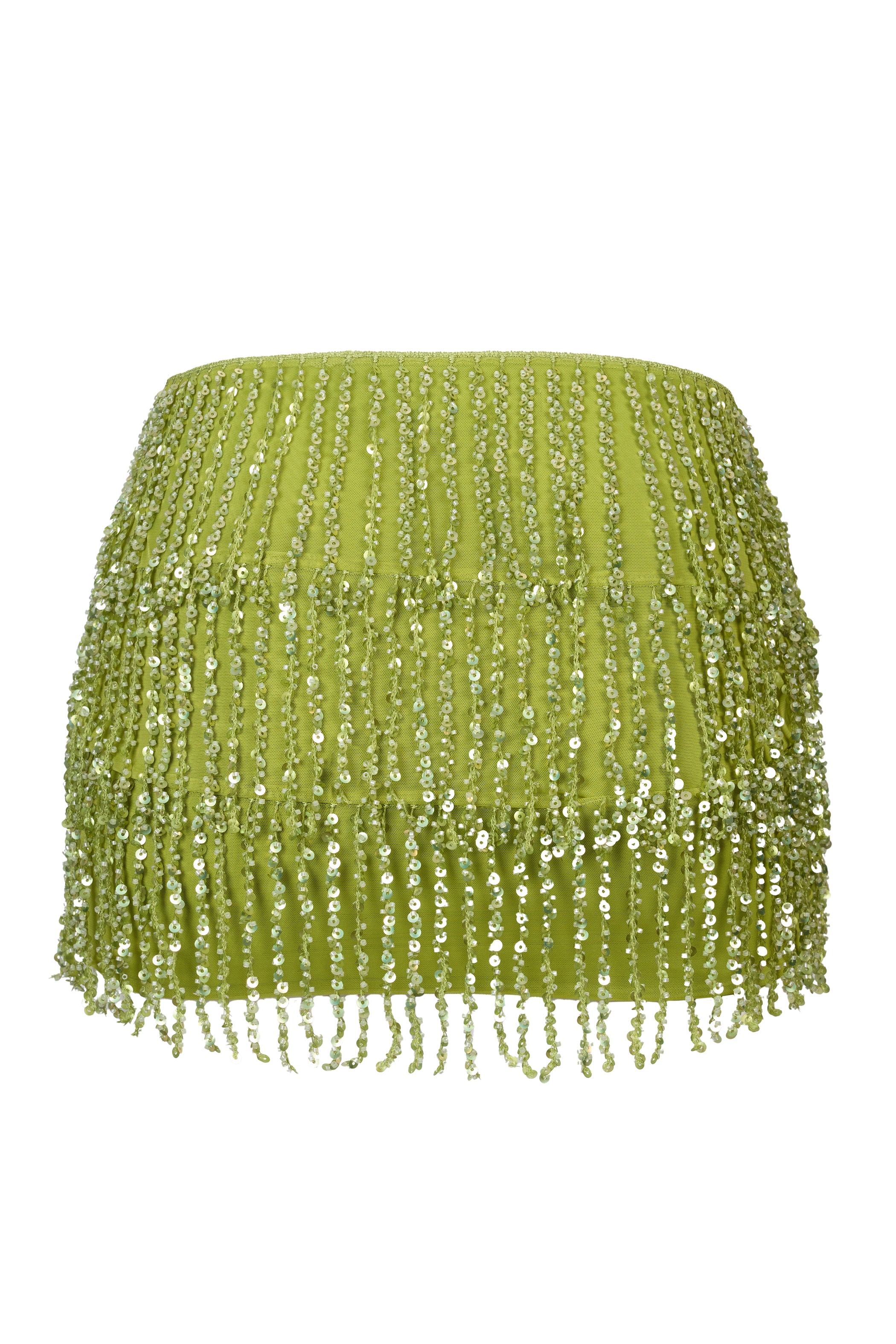 Fringed Low-Rise Mini Skirt in Olive