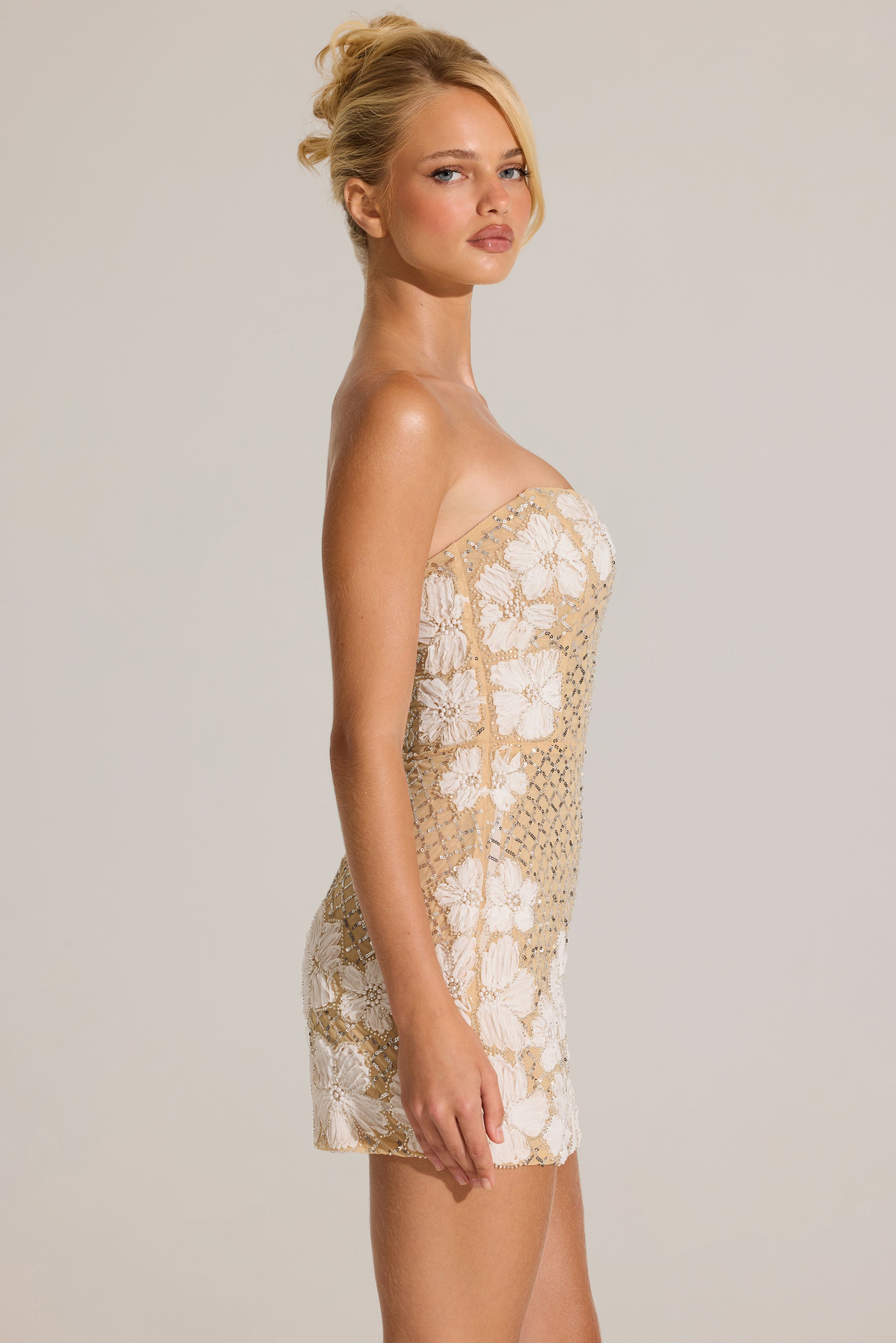 Embellished Bodycon Mini Dress in Gold