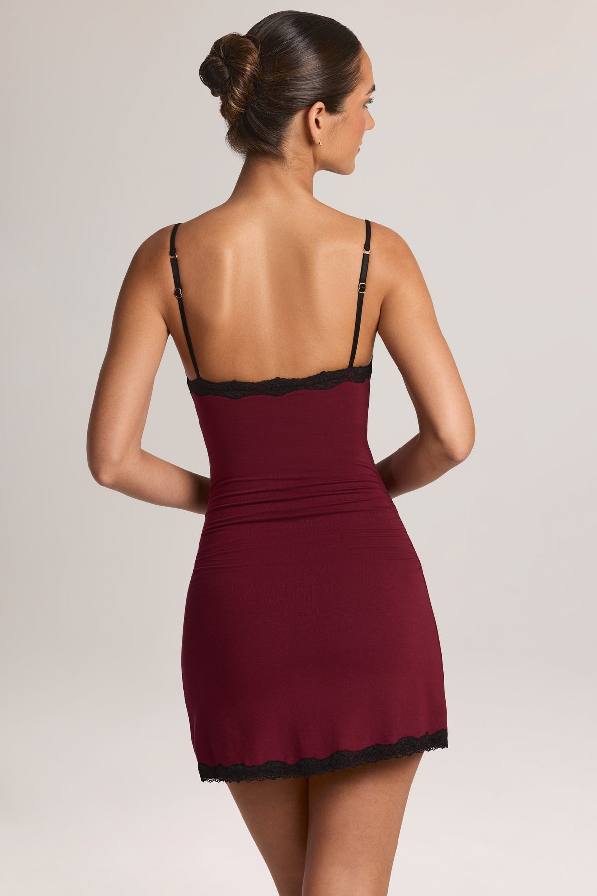 Modal Lace-Trim Peekaboo Mini Dress in Wine - 2