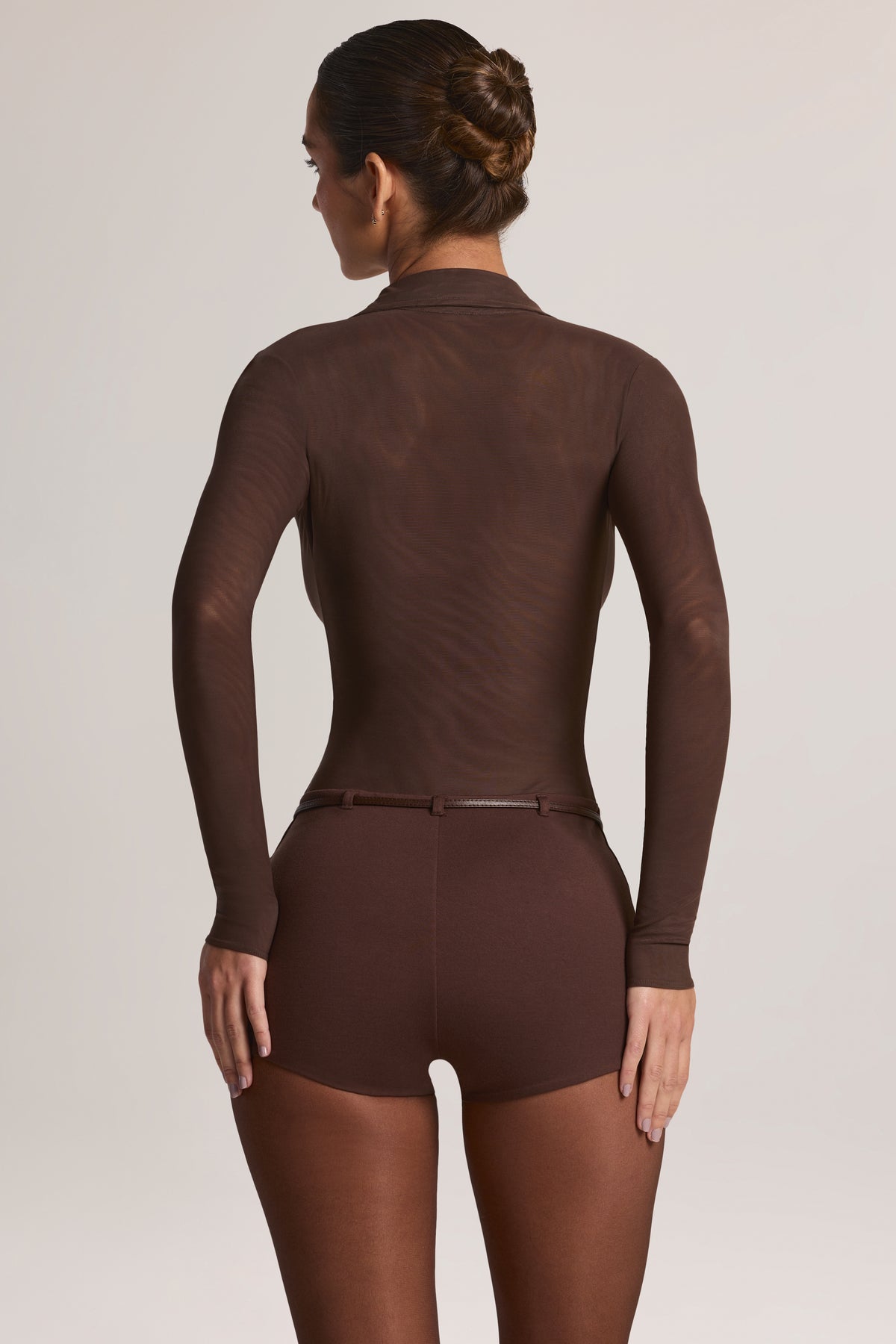 Button Front Long-Sleeve Romper in Chocolate Brown - 2