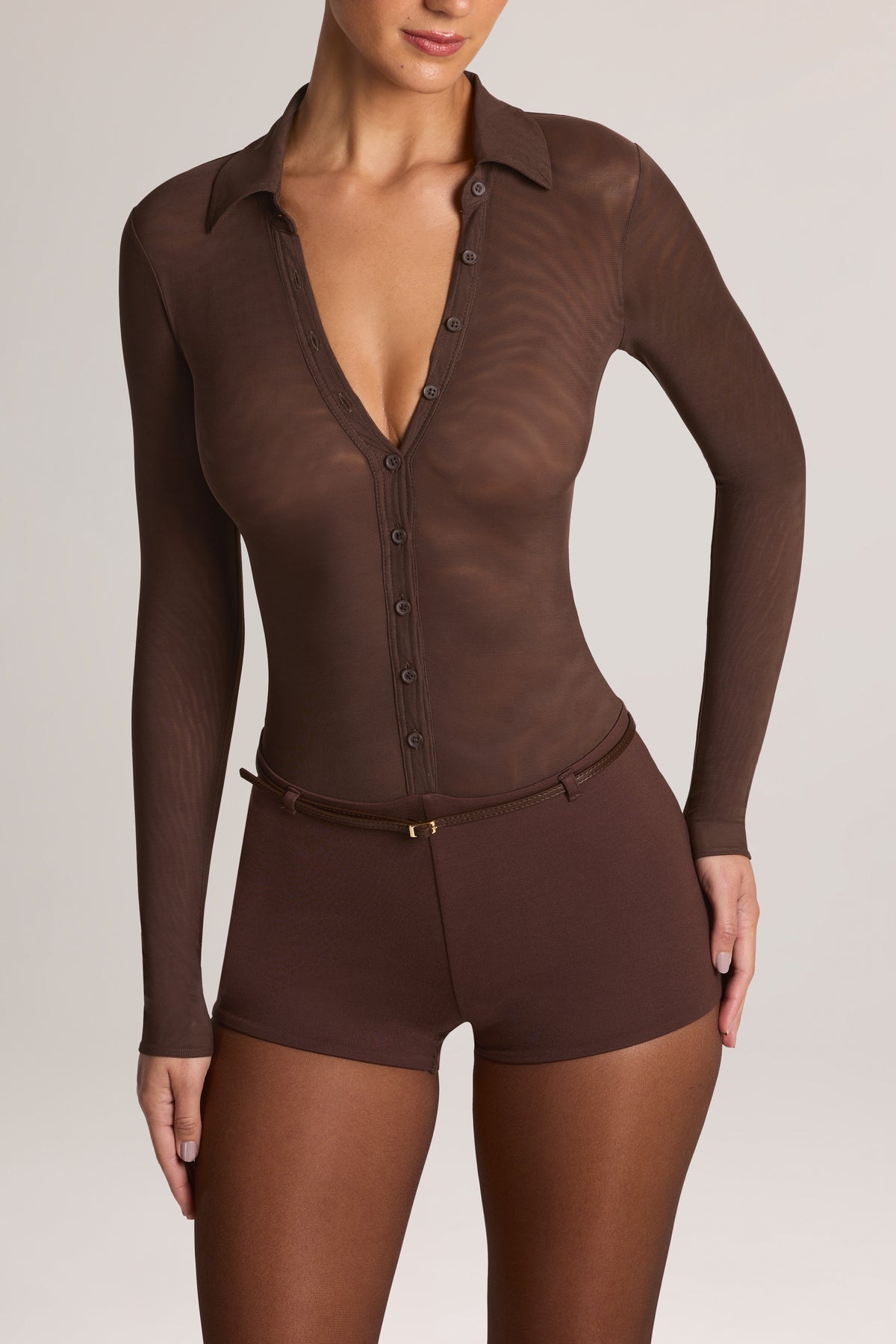 Button Front Long-Sleeve Romper in Chocolate Brown - 1