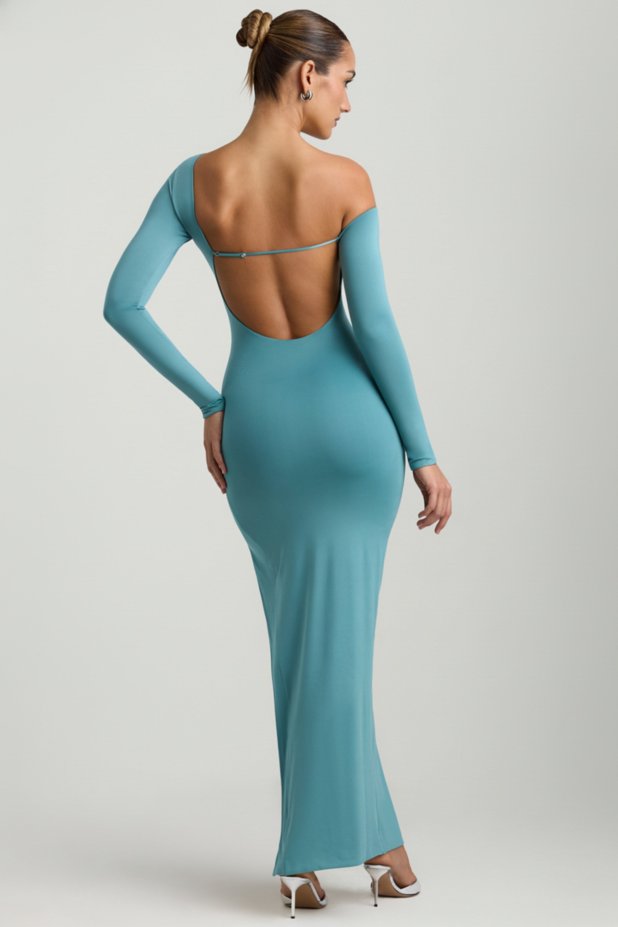 Slinky Jersey Asymmetric Ruched Hardware Detail Maxi Dress in Sea Green - 2