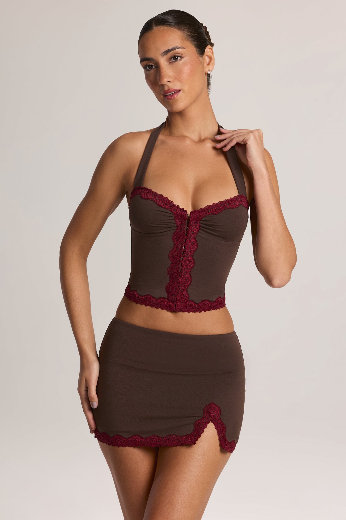 Modal Lace-Trim Low-Rise Mini Skirt in Chocolate Brown - 1