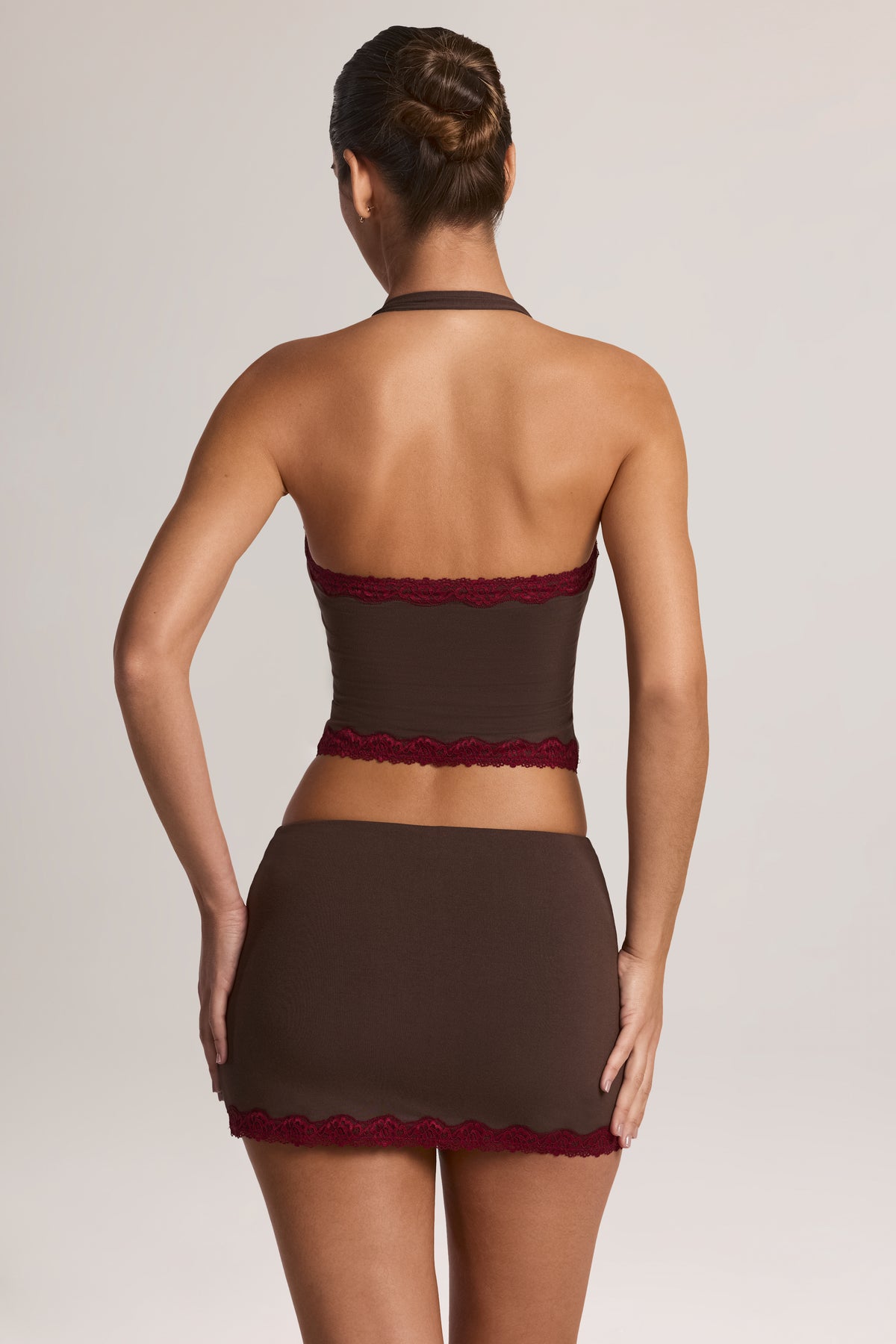 Modal Lace-Trim Low-Rise Mini Skirt in Chocolate Brown - 2