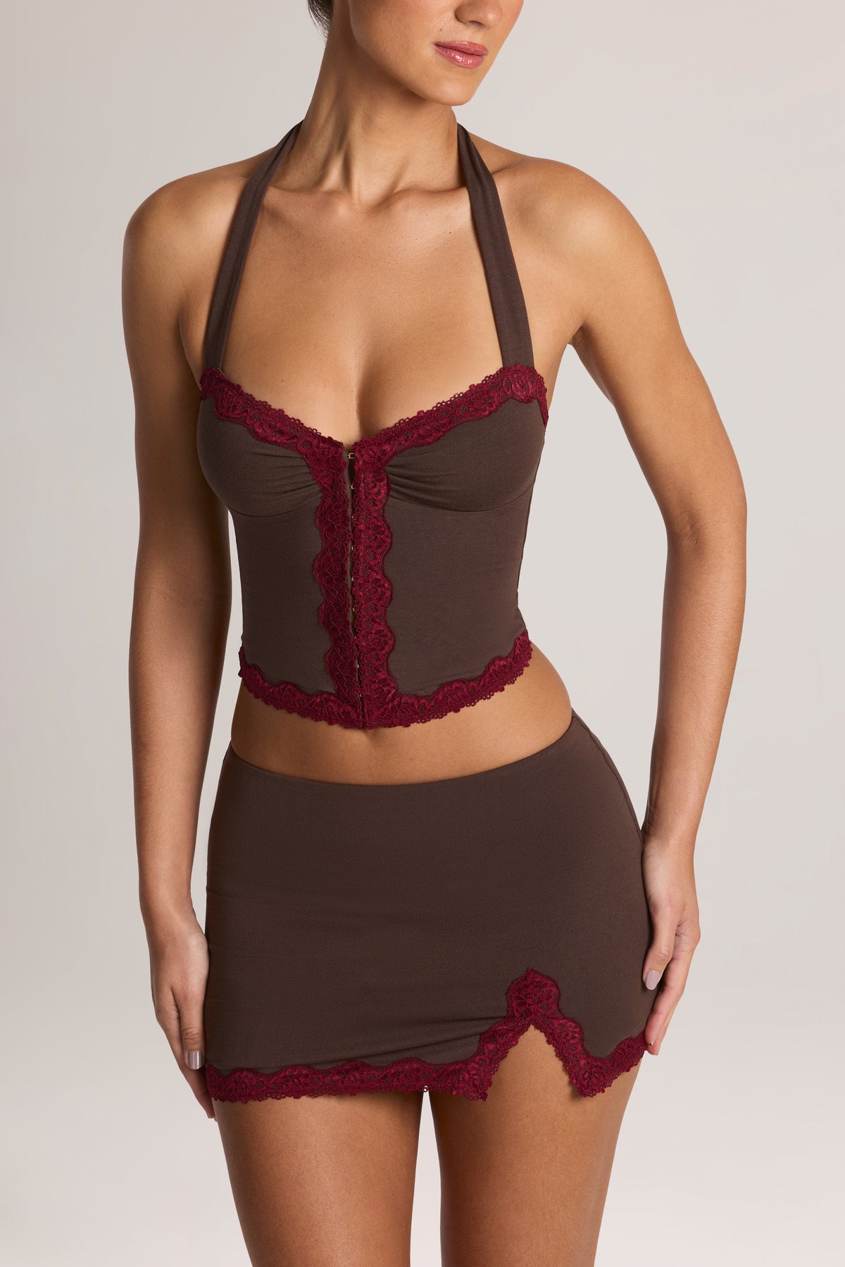 Modal Lace-Trim Low-Rise Mini Skirt in Chocolate Brown