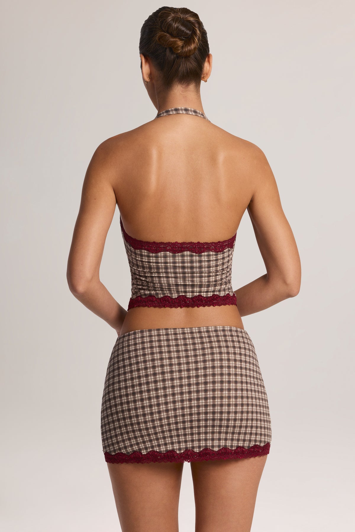 Modal Lace-Trim Low-Rise Mini Skirt in Square Check Print - 2