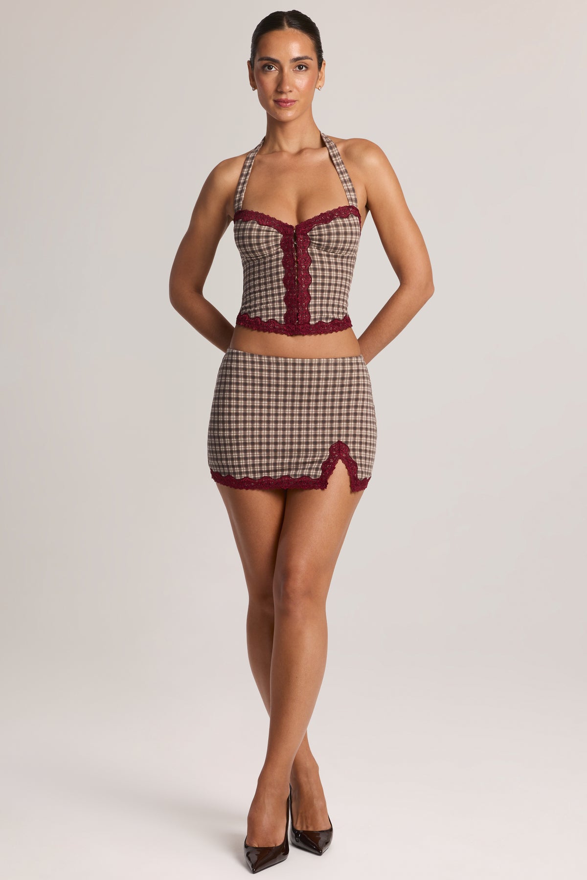 Modal Lace-Trim Low-Rise Mini Skirt in Square Check Print - 1